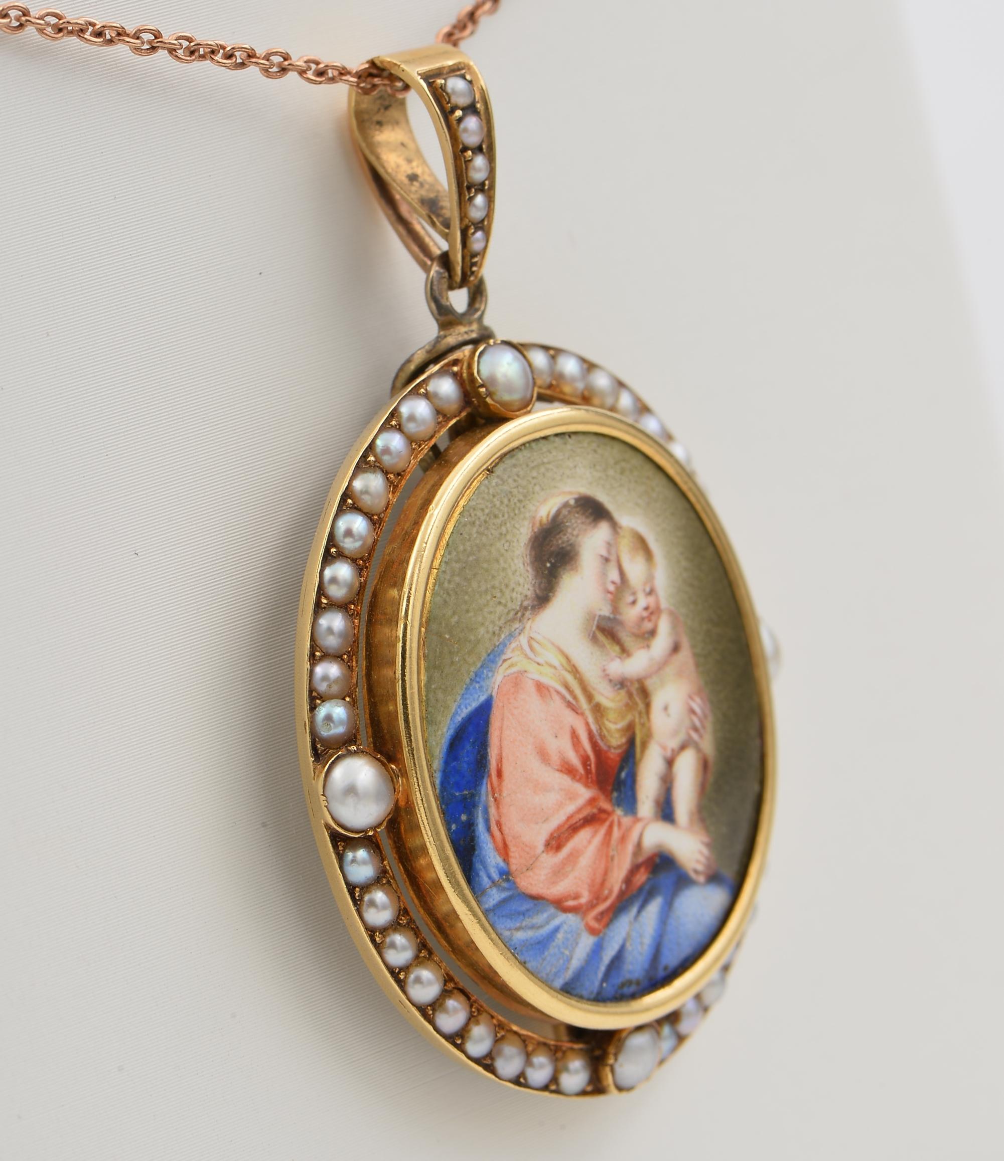 Women's or Men's Victorian French Virgin Mary and Baby 18 Kt Natural Pearl