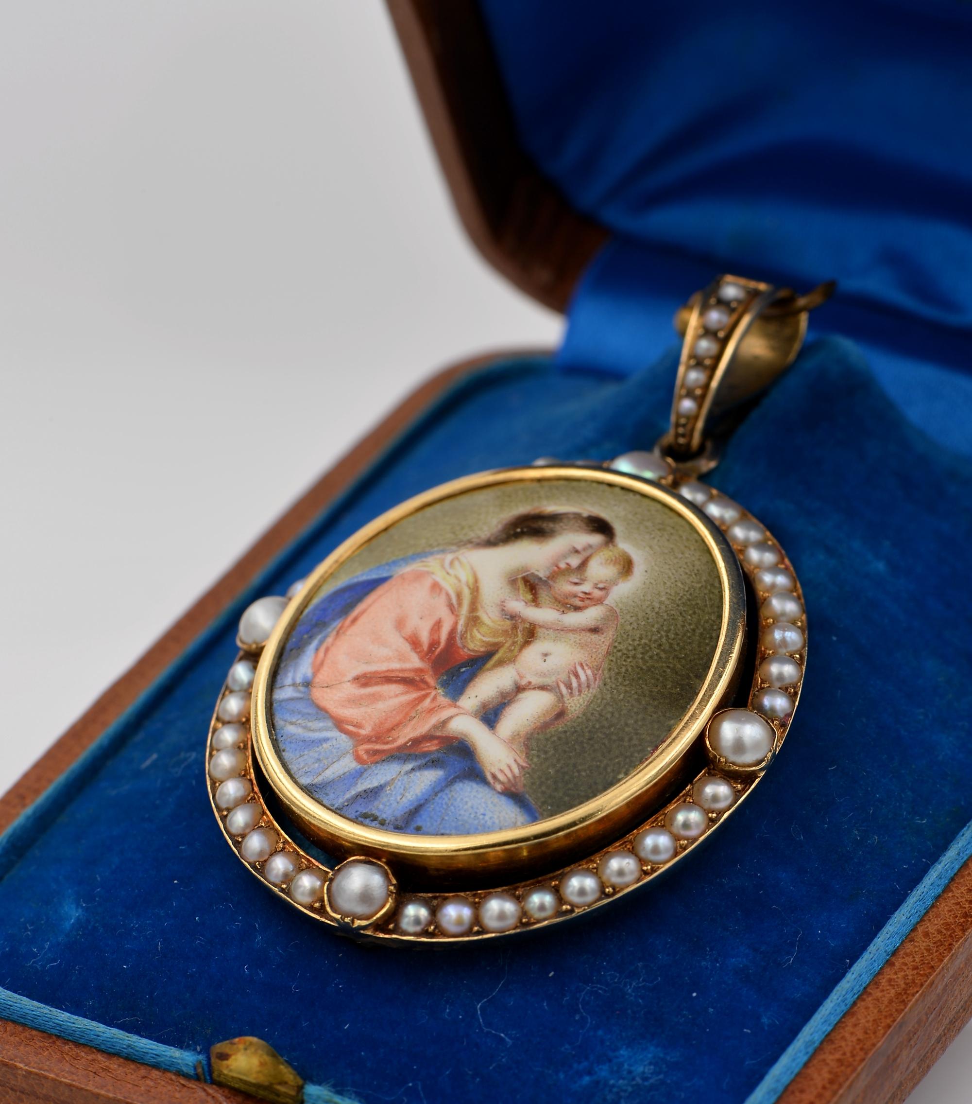 Women's or Men's Victorian French Virgin Mary and Baby 18 Kt Natural Pearl