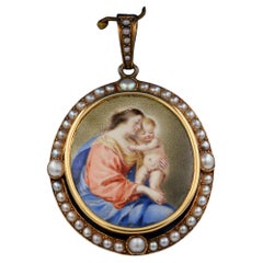 Victorian French Virgin Mary and Baby 18 Kt Natural Pearl