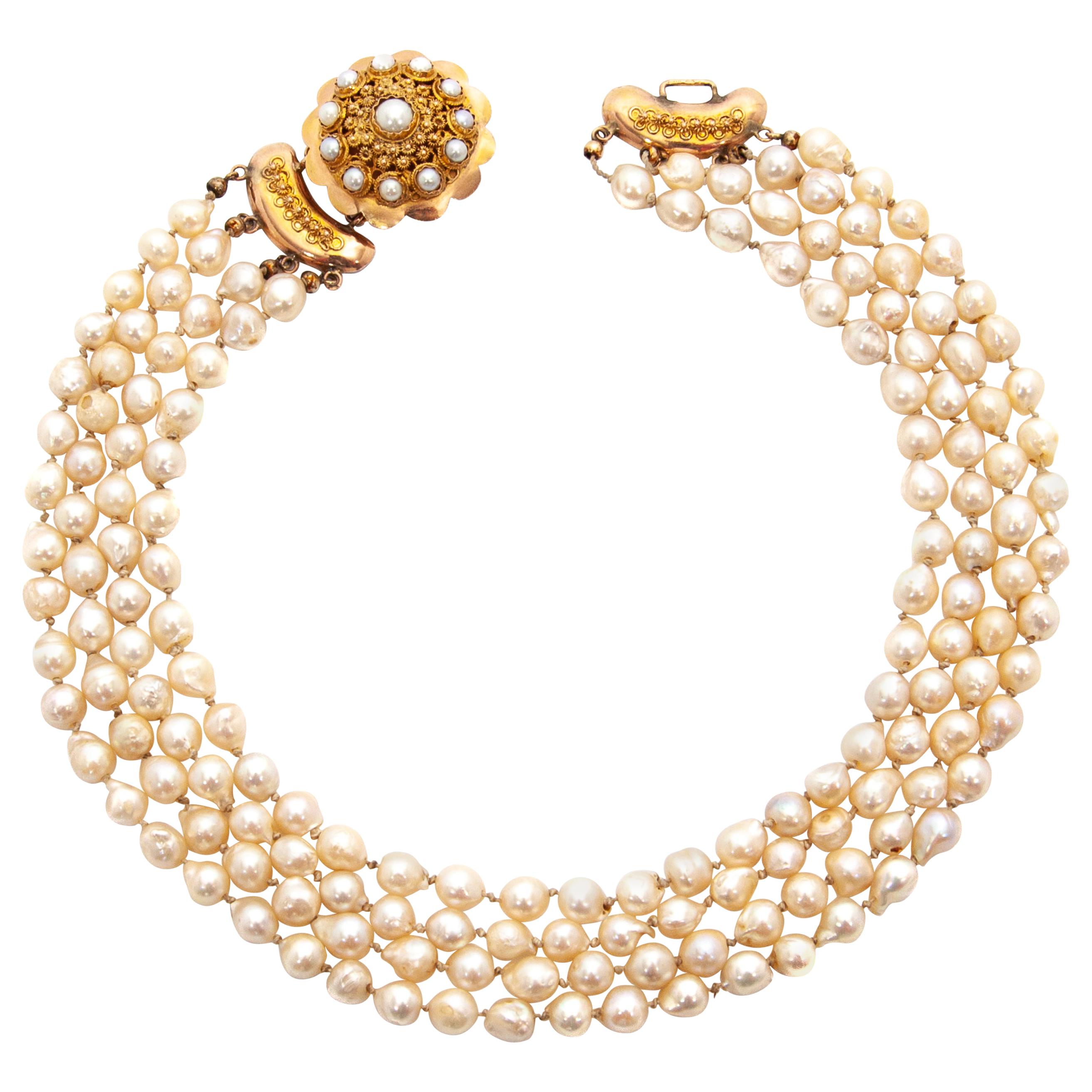 Victorian 14 Karat Yellow Gold Multi-Strand Pearl Necklace