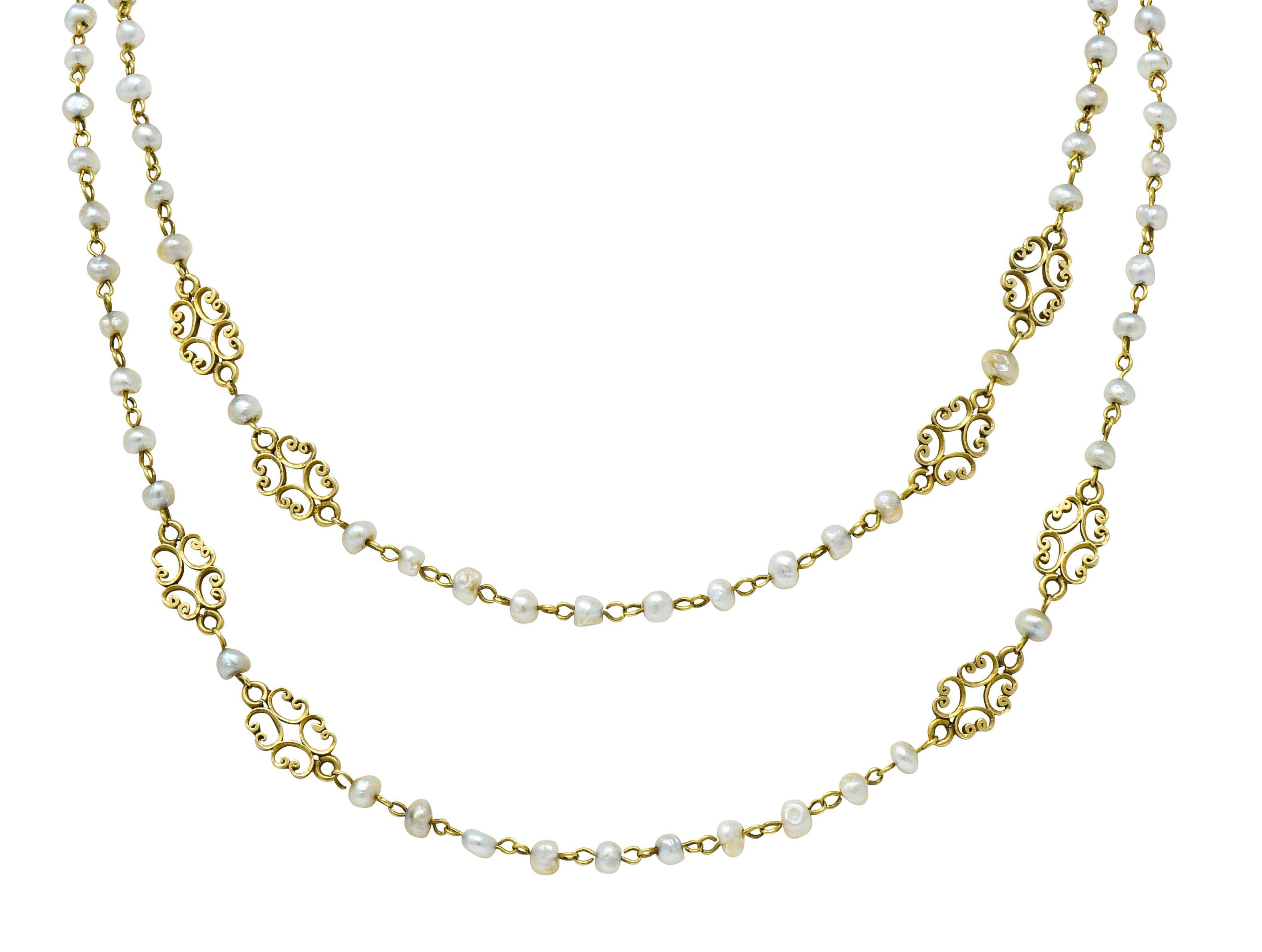 Women's or Men's Victorian Freshwater Natural Pearl 14 Karat Gold Multi-Strand Necklace