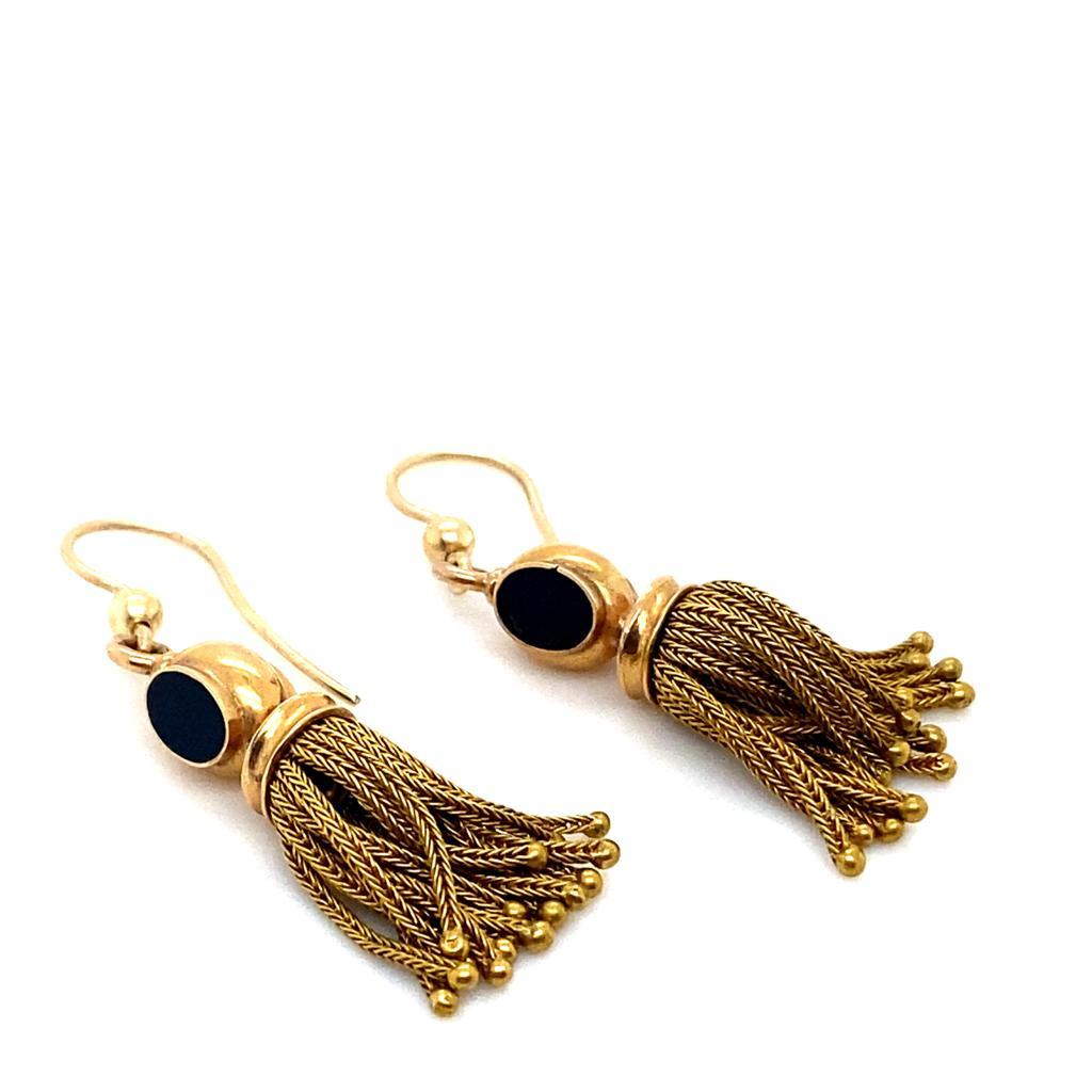 Women's Victorian Fringed Earrings with Onyx Set in 18 Karat Yellow Gold