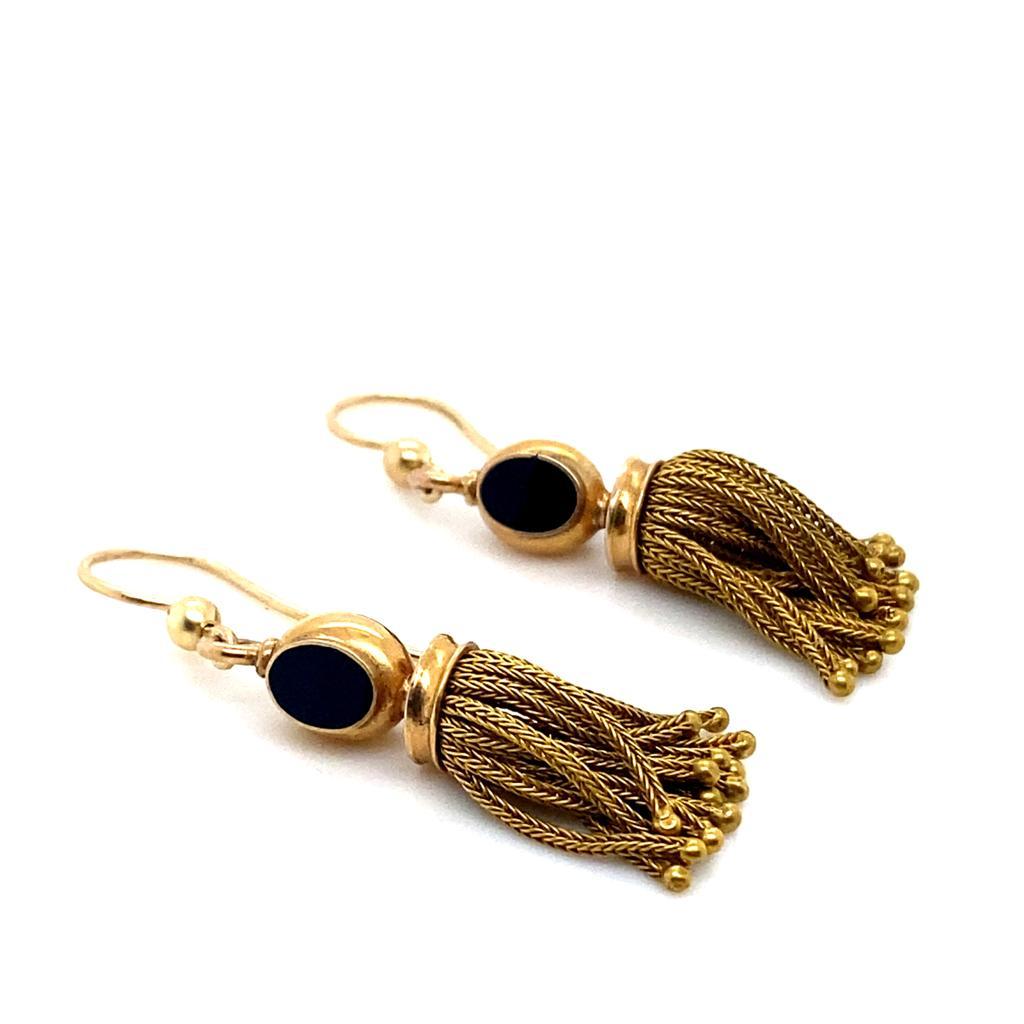 Victorian Fringed Earrings with Onyx Set in 18 Karat Yellow Gold 1