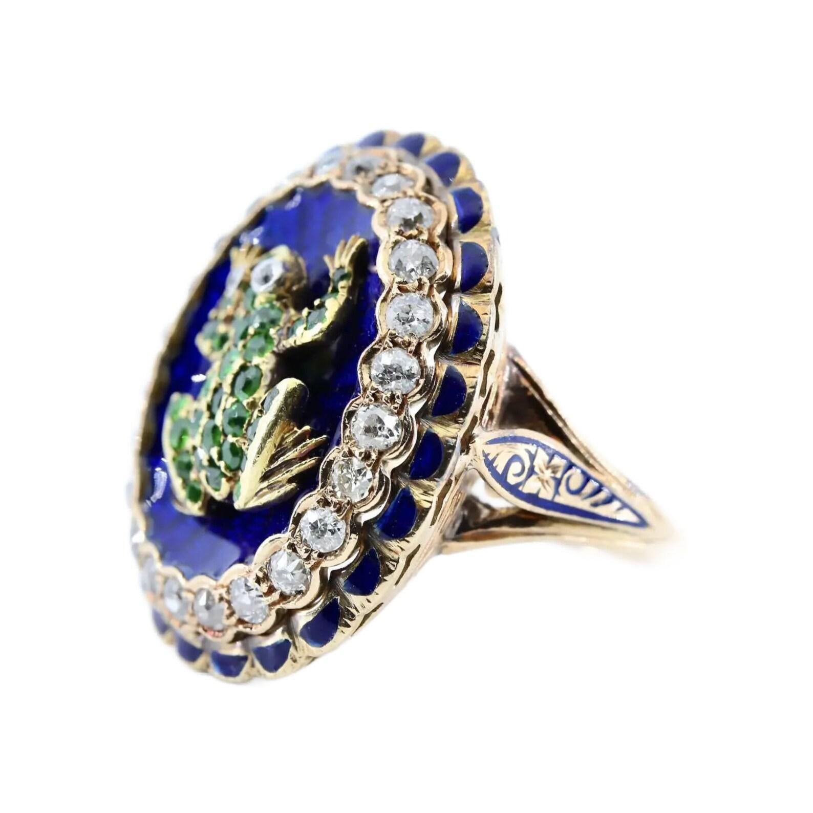 Old Mine Cut Victorian Frog Motif Demantoid Garnet, Diamond, & Blue Enamel Ring For Sale