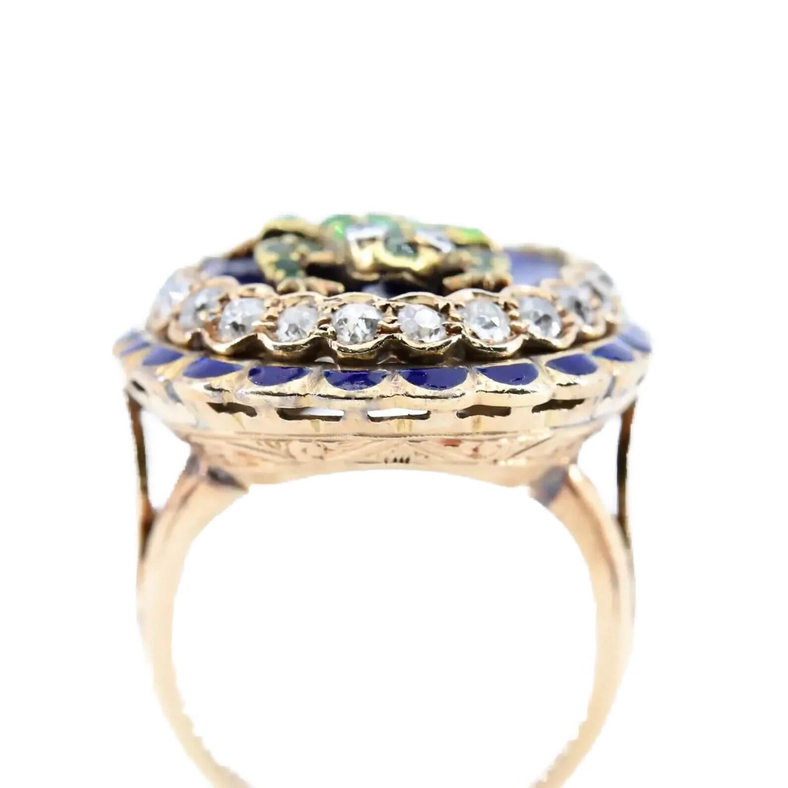 Victorian Frog Motif Demantoid Garnet, Diamond, & Blue Enamel Ring In Good Condition For Sale In Boston, MA