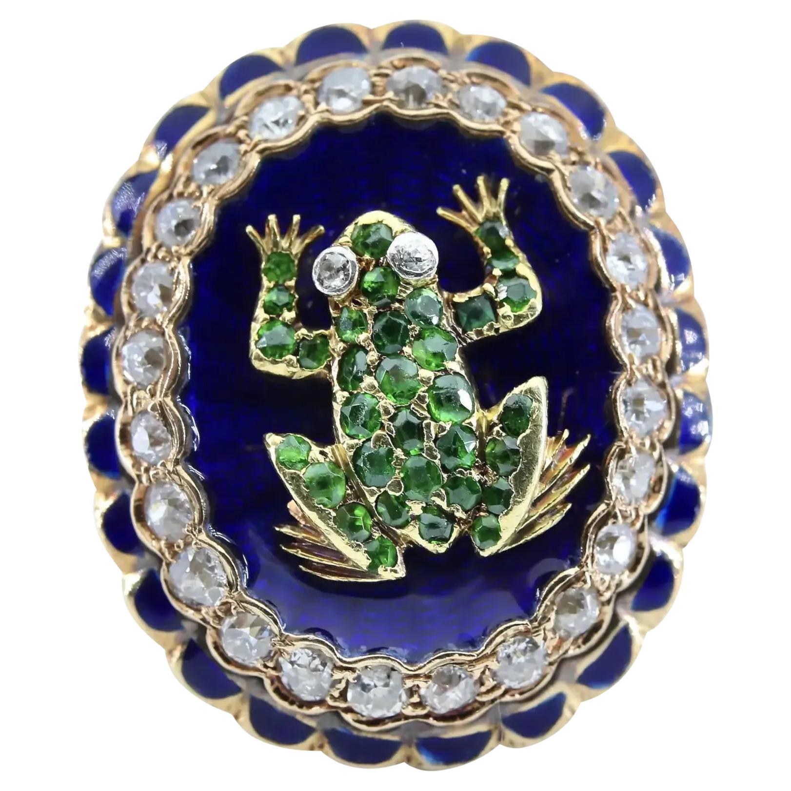 Victorian Frog Motif Demantoid Garnet, Diamond, & Blue Enamel Ring For Sale