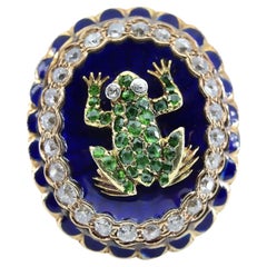 Victorian Frog Motif Demantoid Garnet, Diamond, & Blue Enamel Ring
