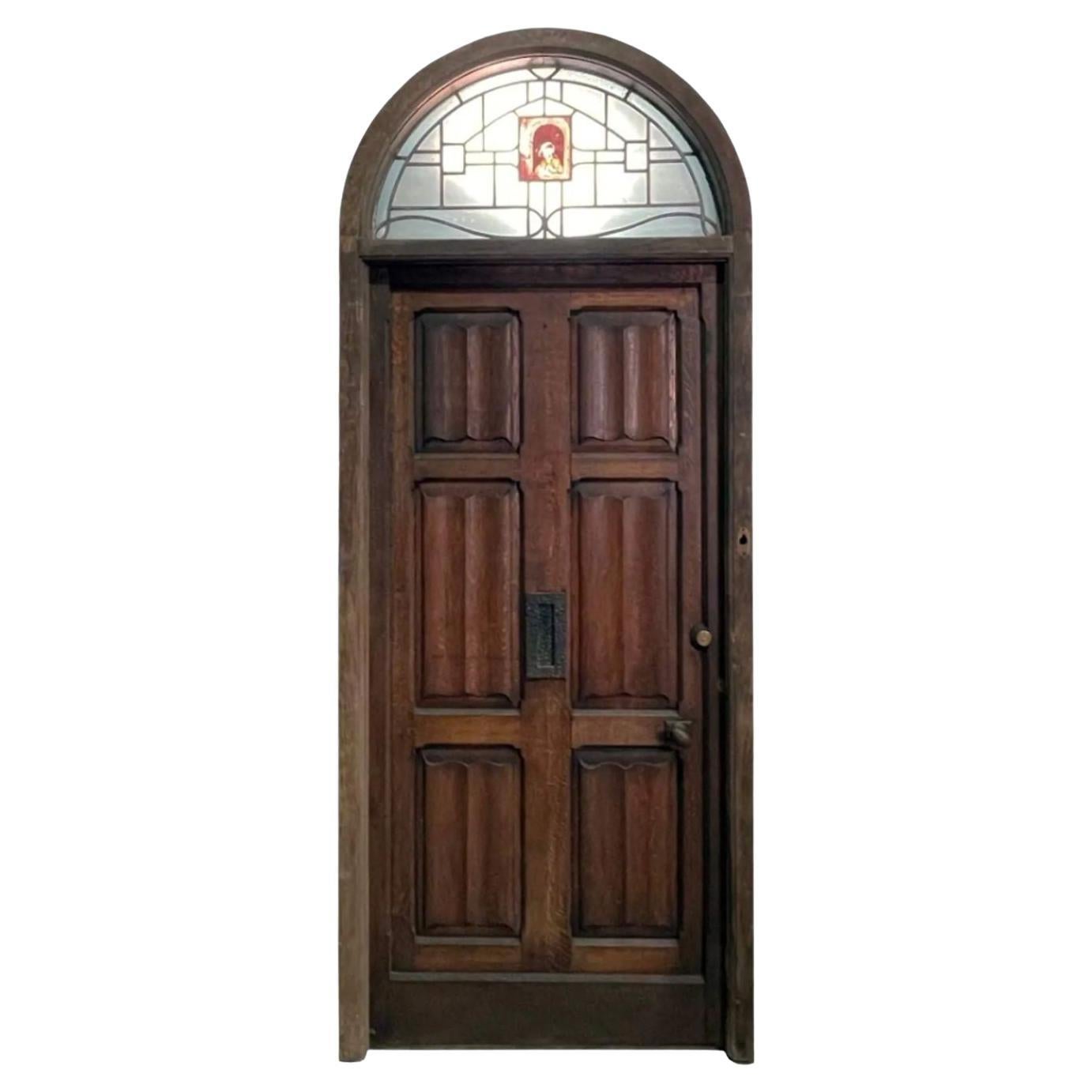 Victorian Front Door with Stained & Leaded Glass Fanlight For Sale