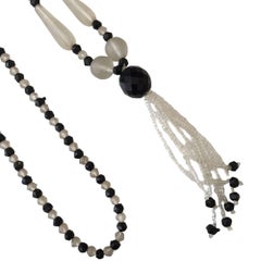 Victorian Frosted Glass and Black Jet Beaded Lariat Necklace