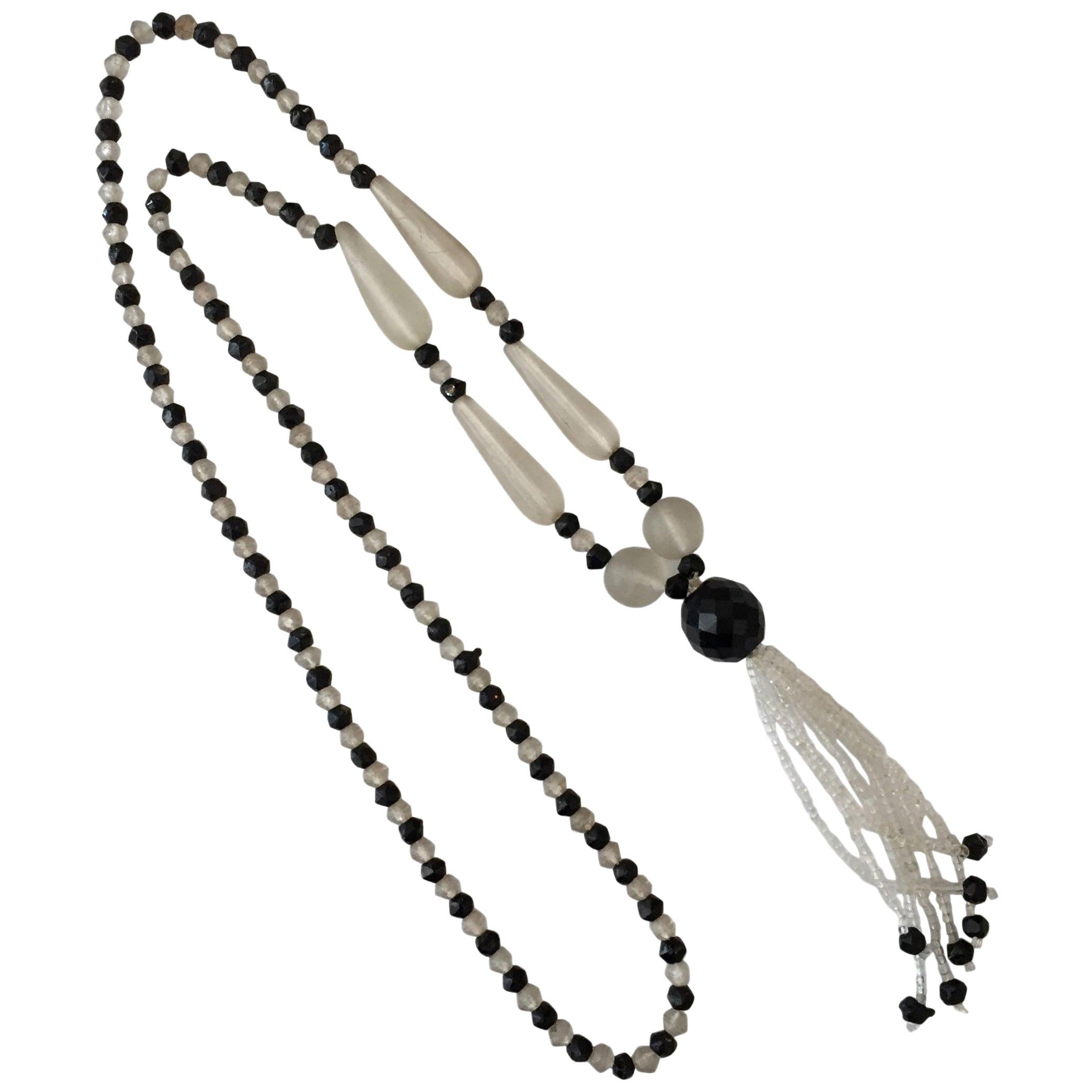 Victorian Frosted Glass and Black Jet Beaded Lariat Necklace