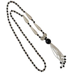 Antique Victorian Frosted Glass and Black Jet Beaded Lariat Necklace