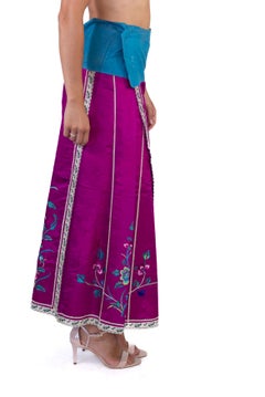 Victorian Fuchia Hand Embroidered Silk Jacquard Chinese Wrap Skirt