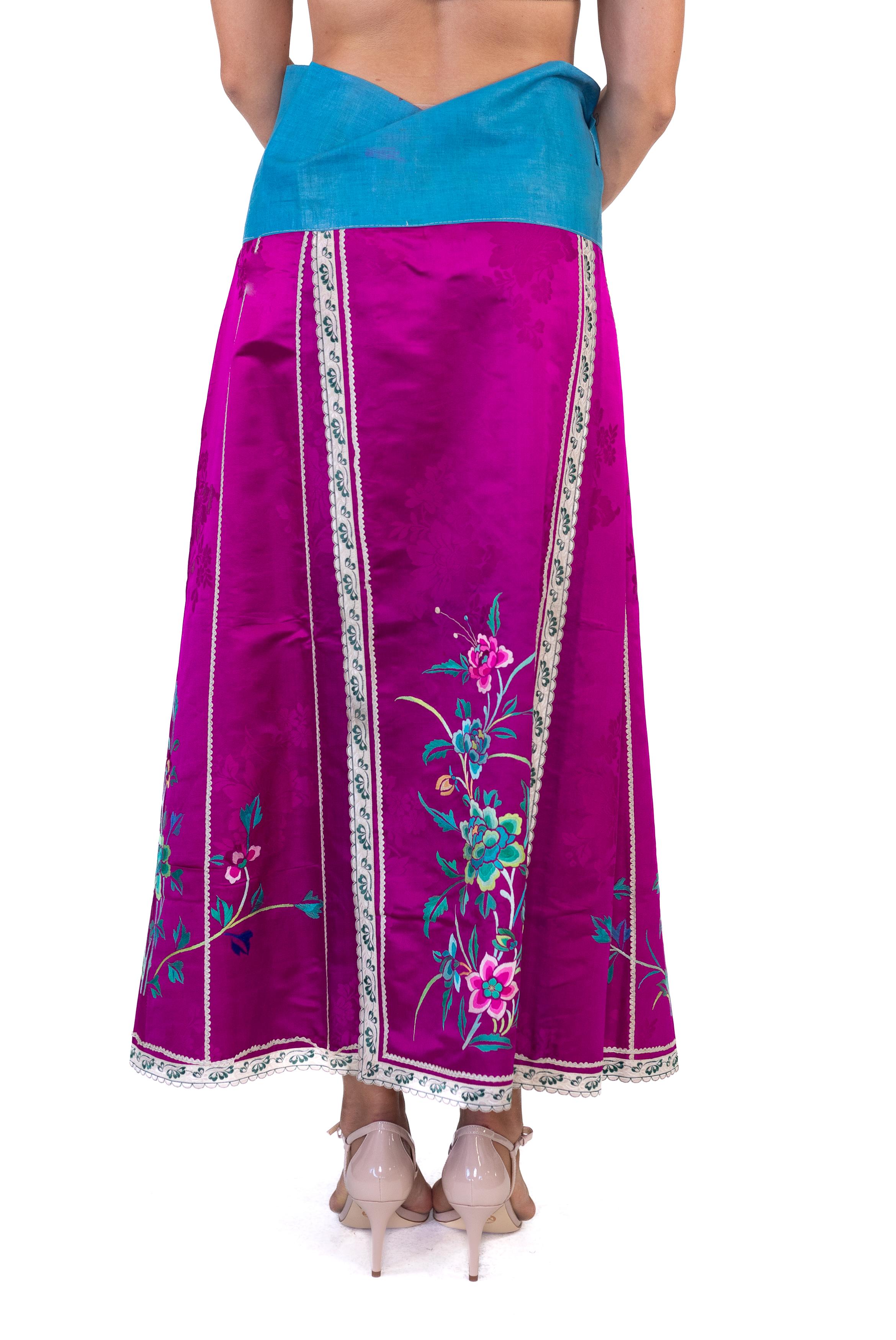 Purple Victorian Fuchia Hand Embroidered Silk Jacquard Chinese Wrap Skirt For Sale