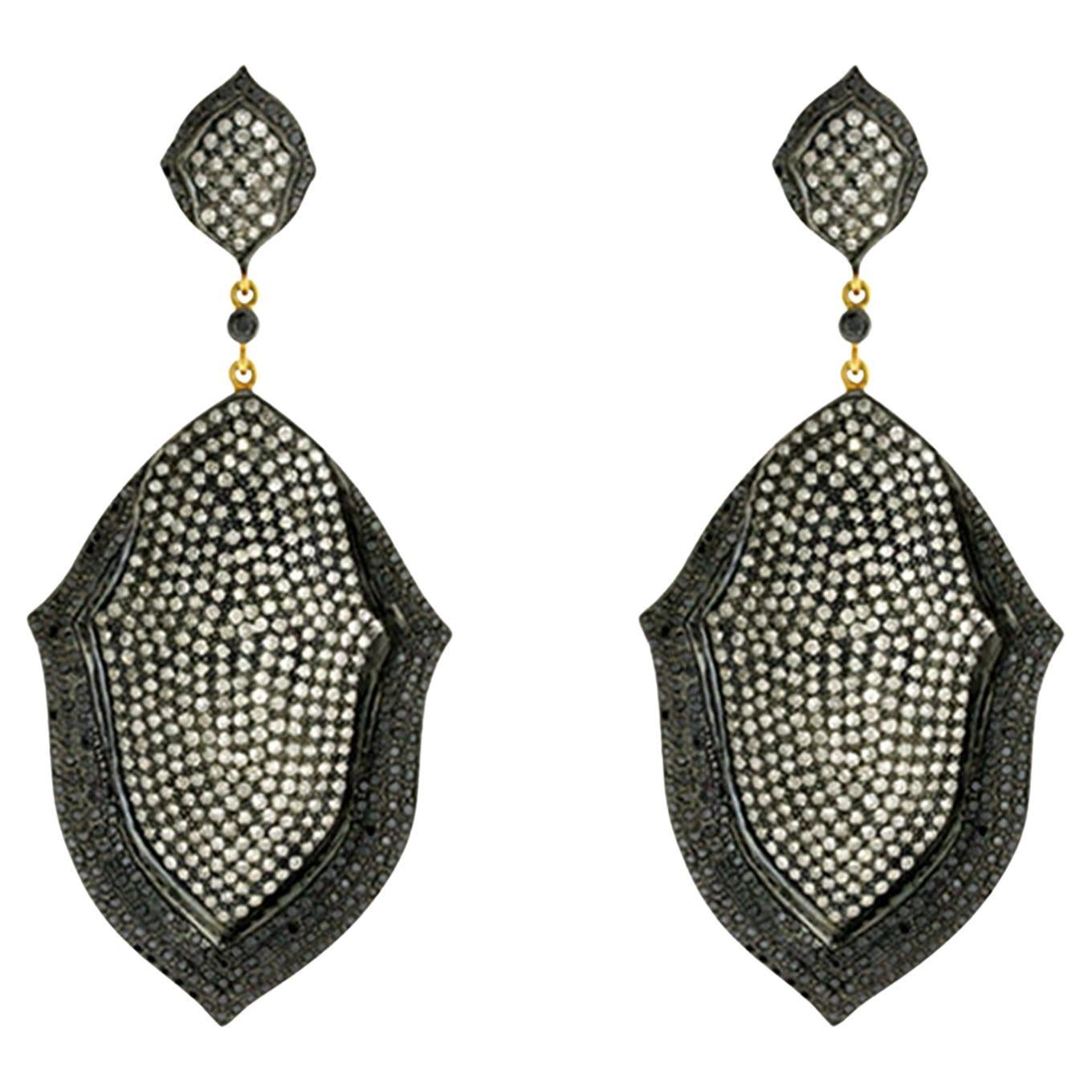 Victorian Full Diamond Pavé Shield 18k Gold 
Silver Dangle Earrings For Sale