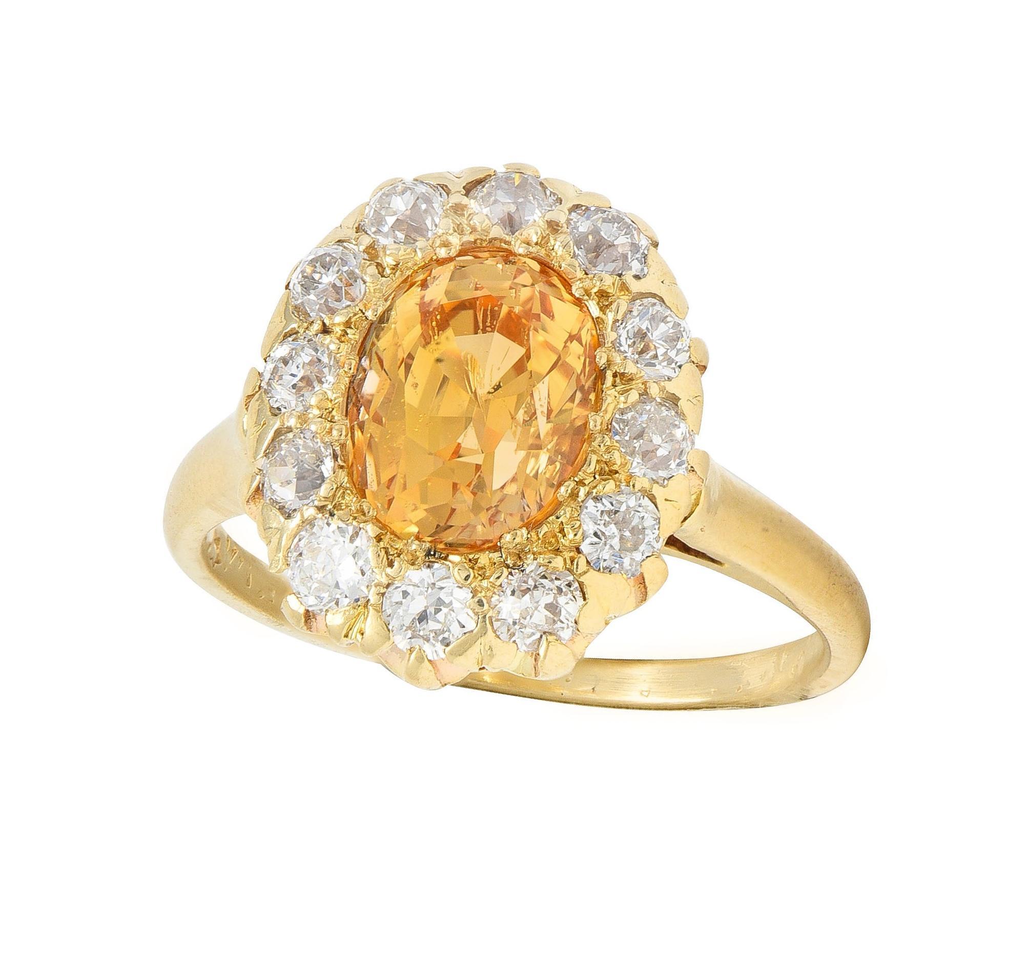 Victorian Fulmer 3.21 CTW Yellow Sapphire Diamond 14K Gold Antique Halo Ring For Sale 5