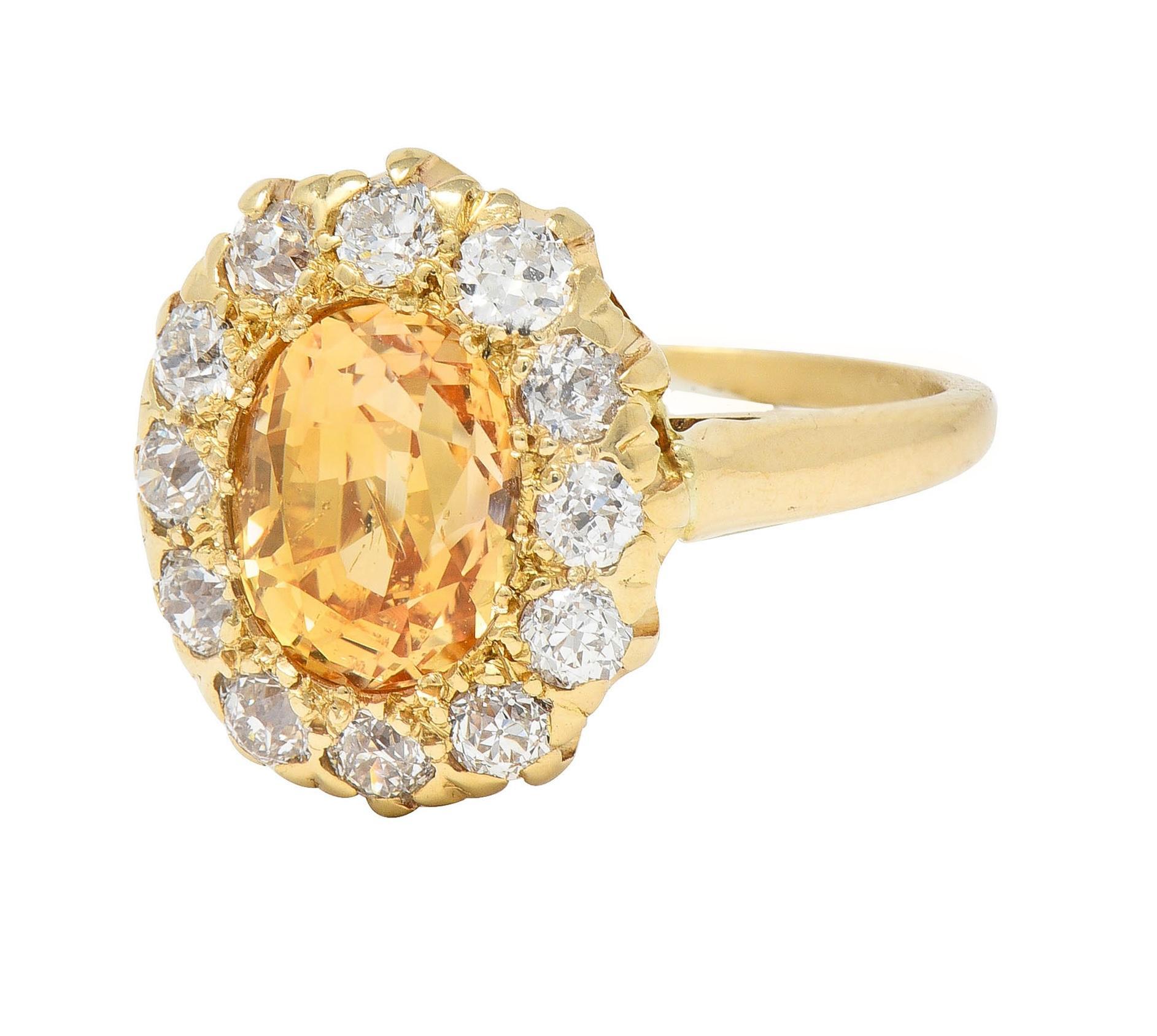 Victorian Fulmer 3.21 CTW Yellow Sapphire Diamond 14K Gold Antique Halo Ring For Sale 2