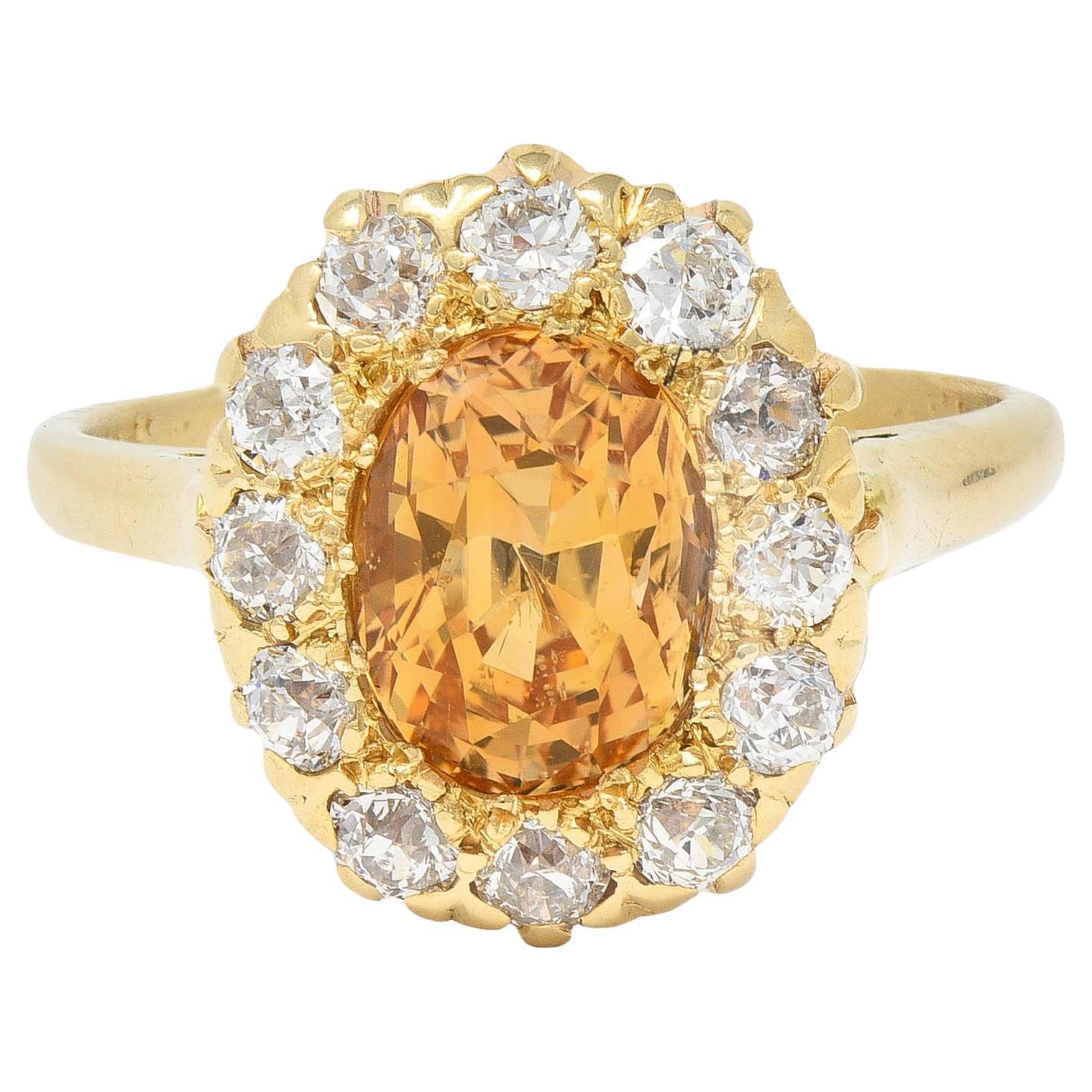 Victorian Fulmer 3.21 CTW Yellow Sapphire Diamond 14K Gold Antique Halo Ring For Sale