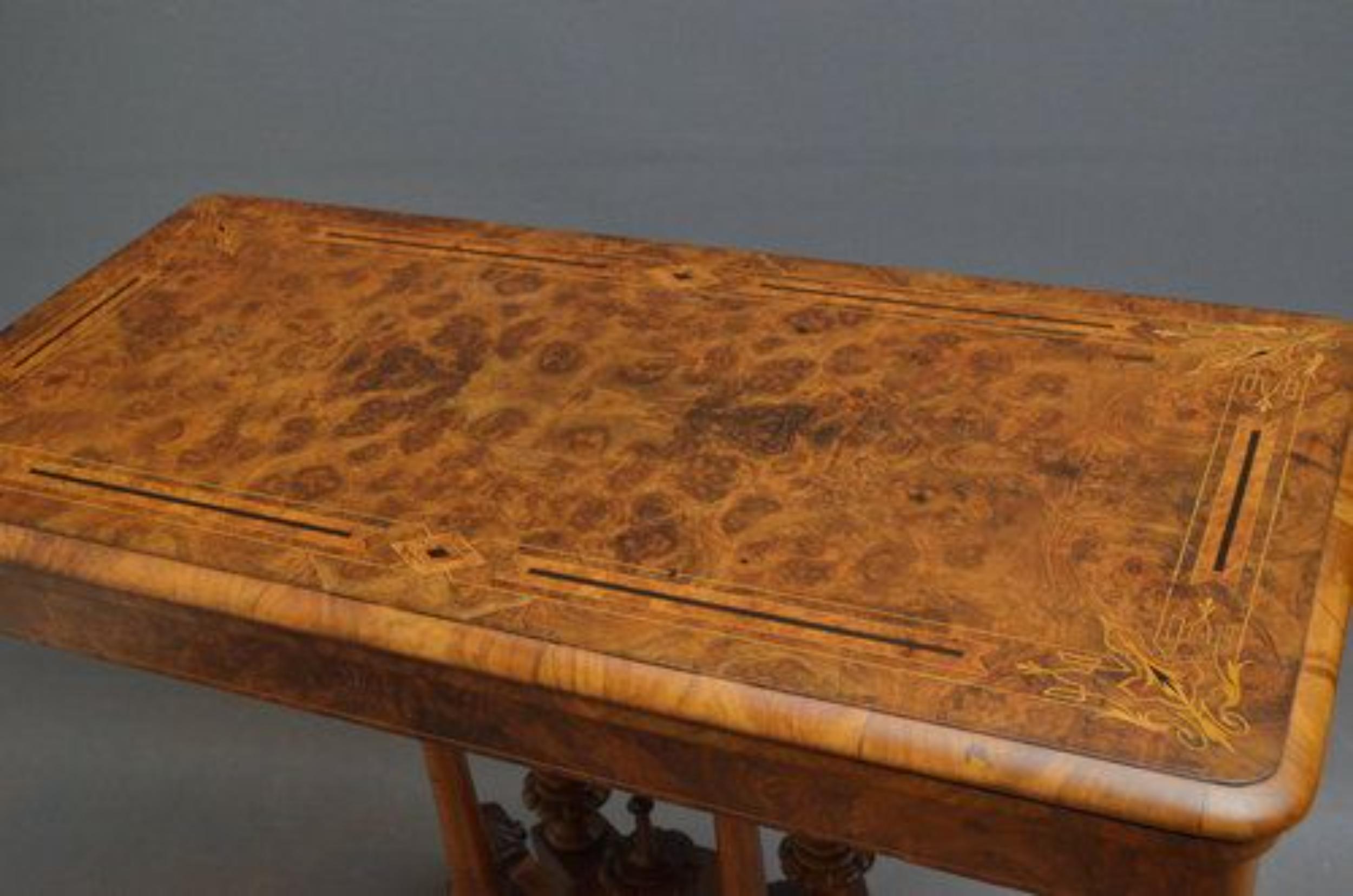 Sn2851 Truly excellent, Victorian, burr walnut card table, having finely inlaid top with moulded edge, which opens to reveal good size games surface, all standing on 4 tapering and carved supports terminating in outswept legs, scrolled feet and