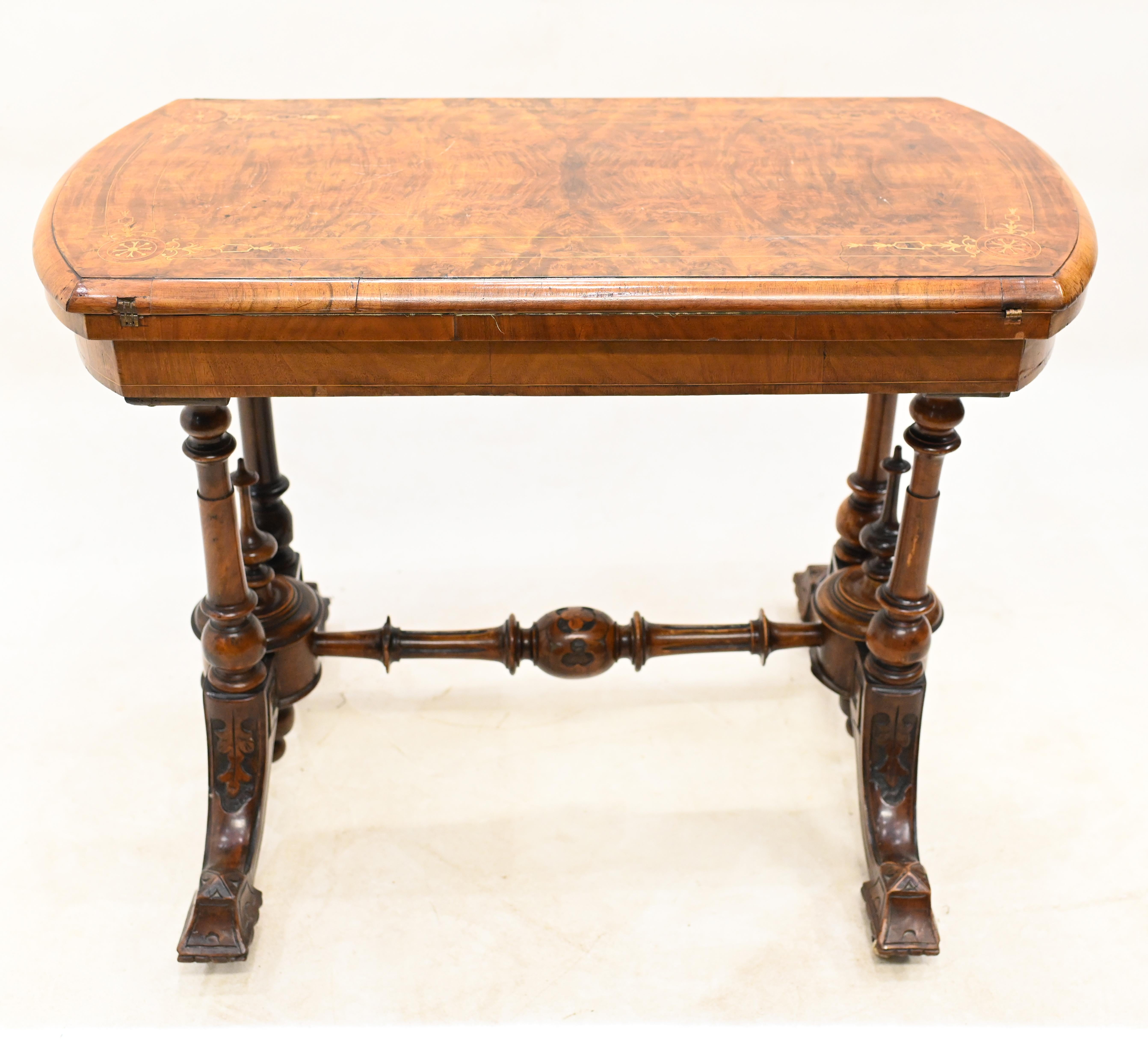 Victorian Games Table Antique Burr Walnut 1880 Card For Sale 7