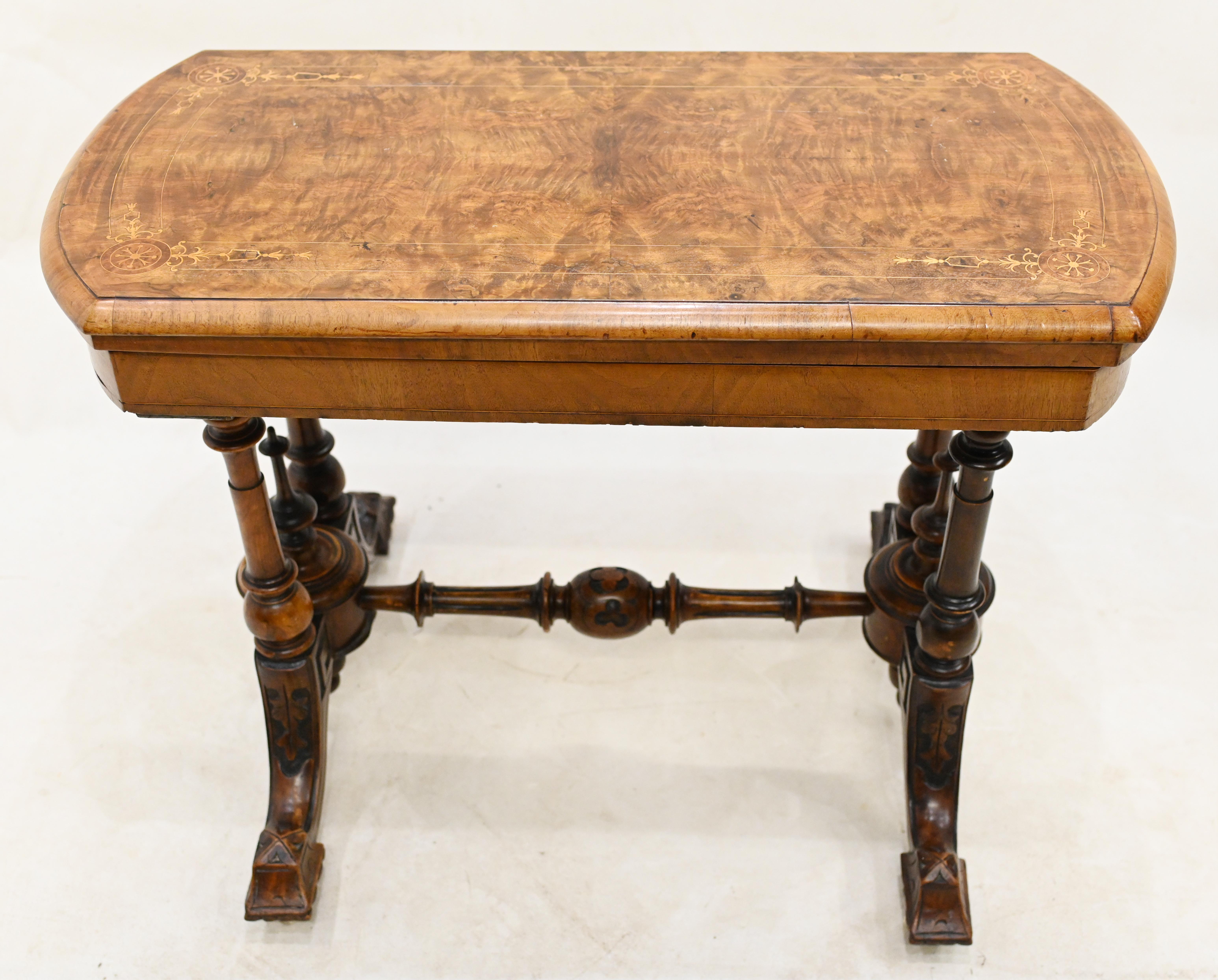 Victorian Games Table Antique Burr Walnut 1880 Card In Good Condition For Sale In Potters Bar, GB