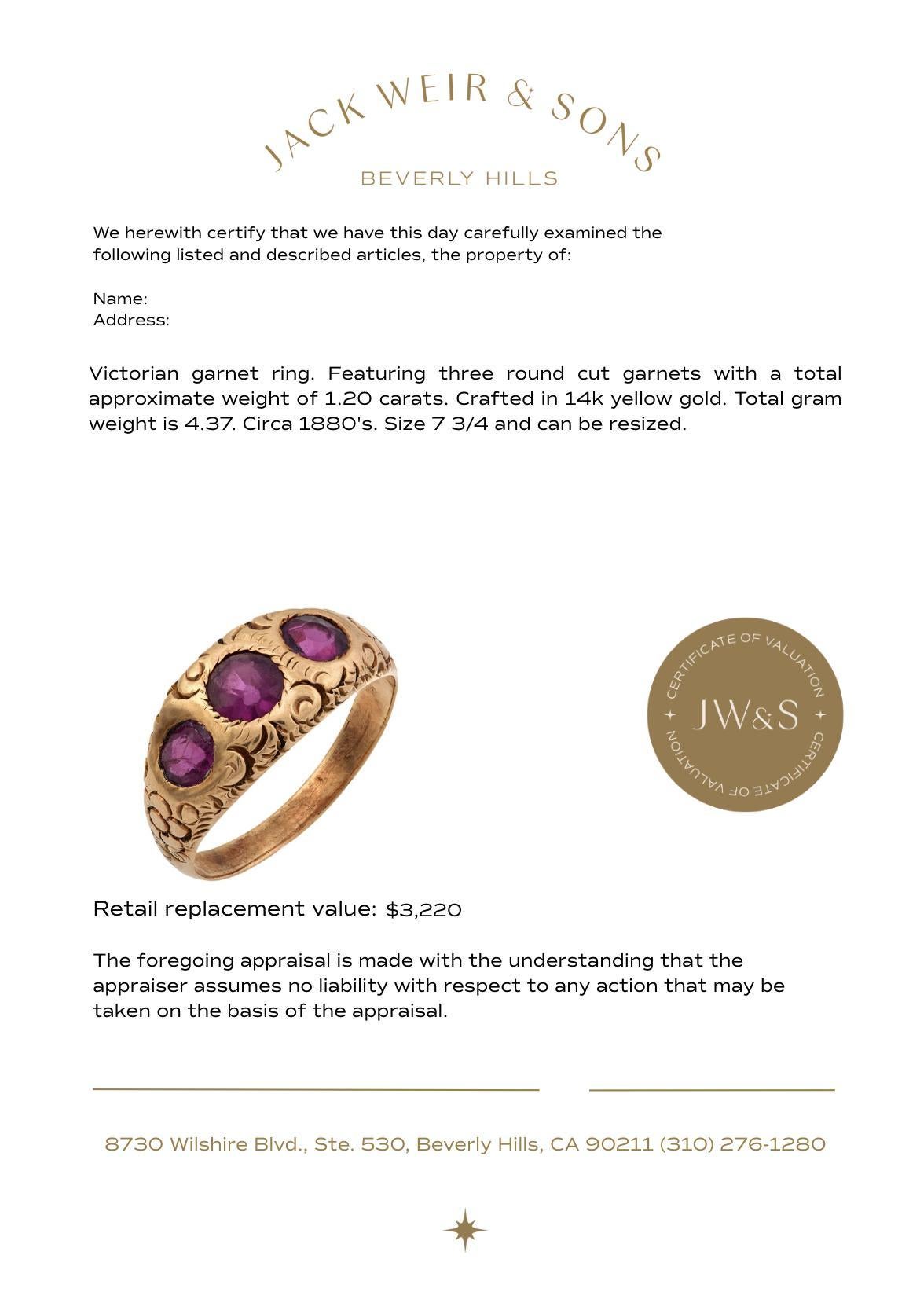 Granate victoriano Anillo biselado de 3 piedras de oro amarillo de 14k en Bueno estado para la venta en Beverly Hills, CA