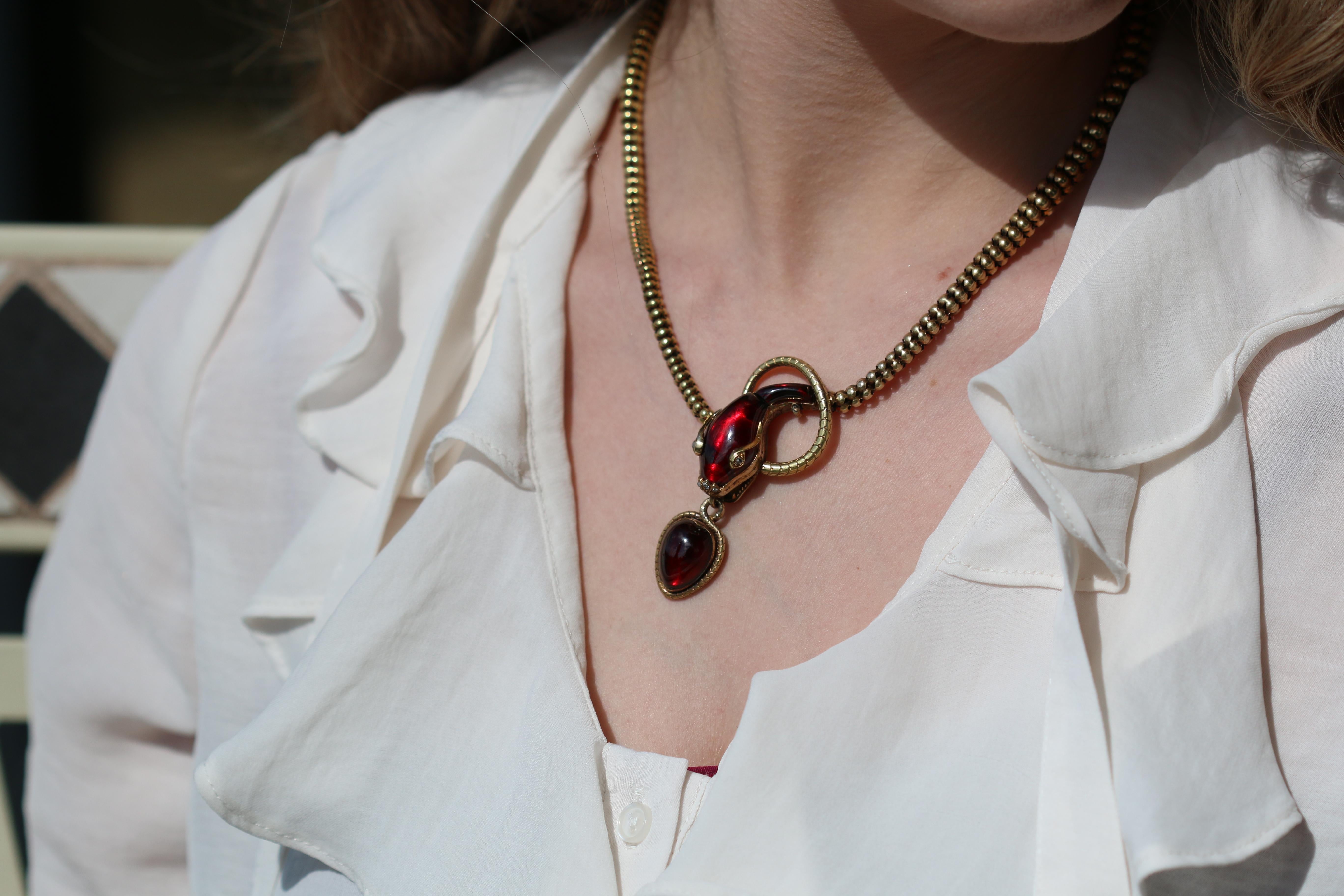 Victorian Garnet, 15 Karat Gold and Rose Cut Diamond Snake Pendant Necklace 6