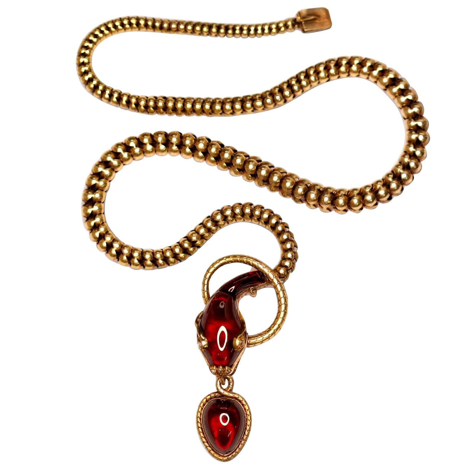 Victorian Garnet, 15 Karat Gold and Rose Cut Diamond Snake Pendant Necklace