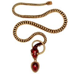 Victorian Garnet, 15 Karat Gold and Rose Cut Diamond Snake Pendant Necklace