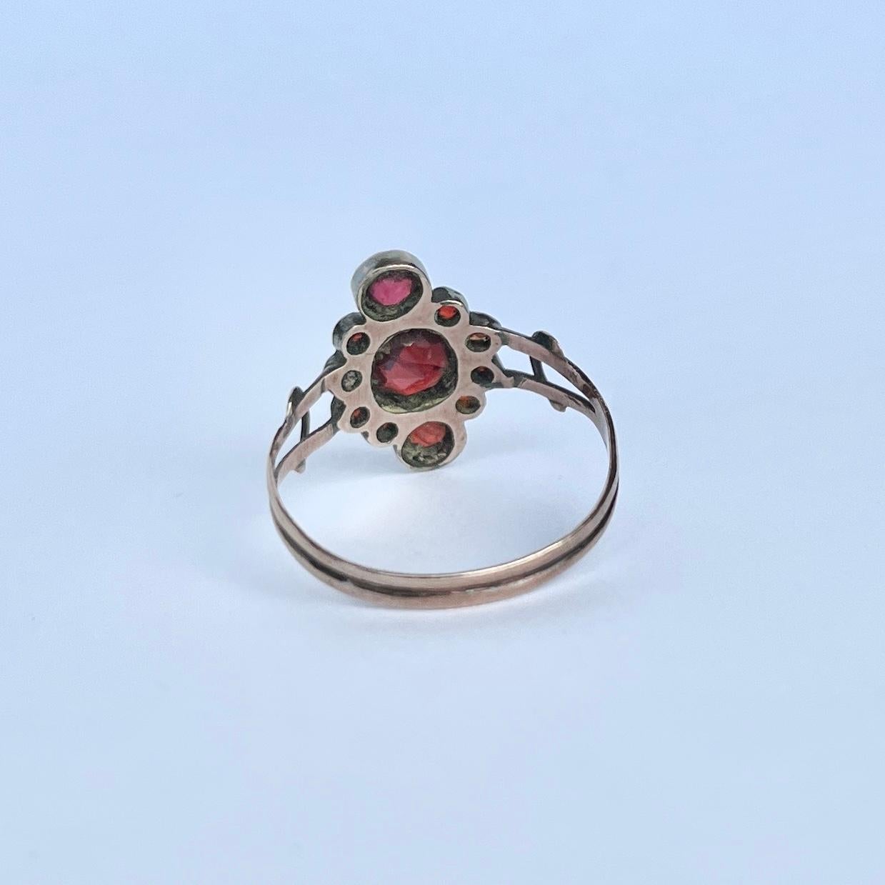 Women's Victorian Garnet and 9 Carat Gold Navette Cluster Ring For Sale