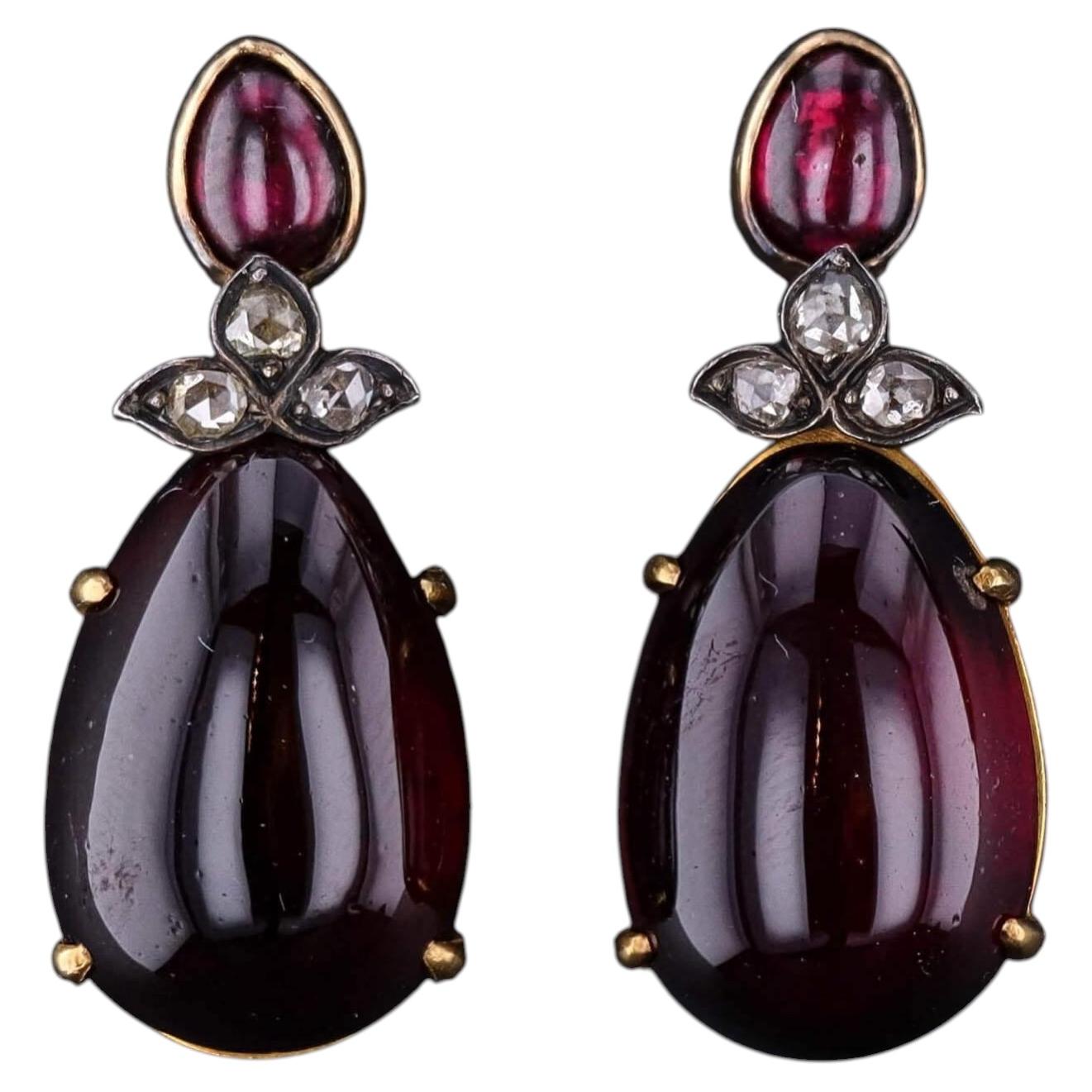 Victorian Garnet and Diamond Earrings of 14k Gold, Circa 1880
