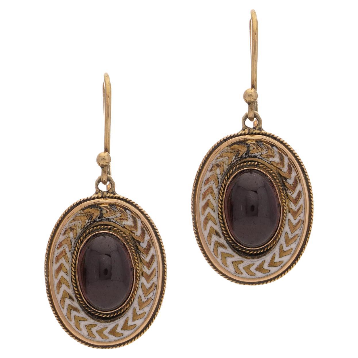 Victorian Garnet and Enamel 15kt Yellow Gold Drop Earrings