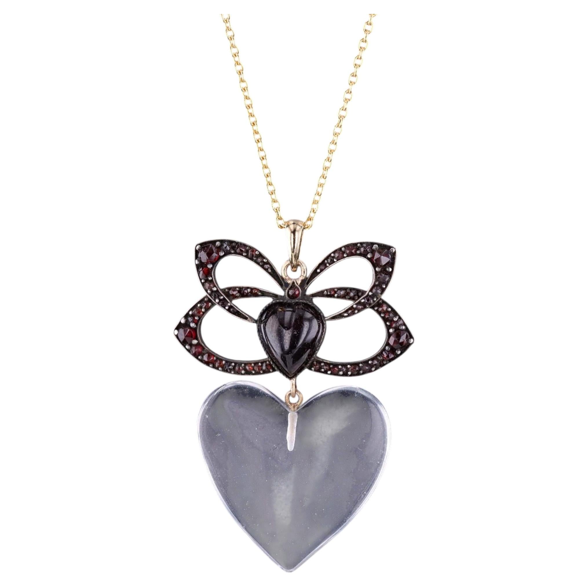 Victorian Garnet and Glass Heart Necklace on 14k Gold Chain