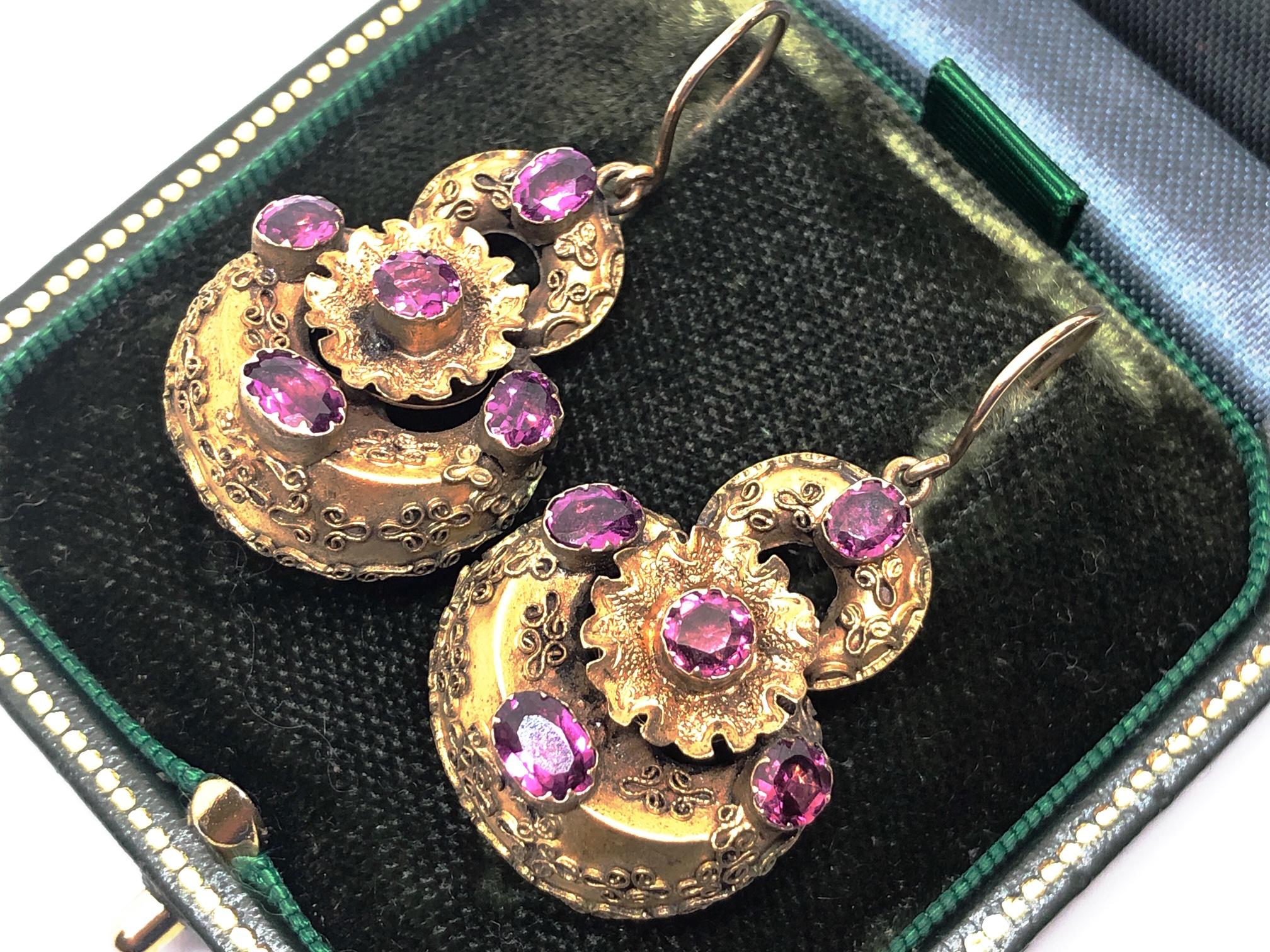 Etruscan Revival Victorian Garnet and Gold Earrings, circa 1870