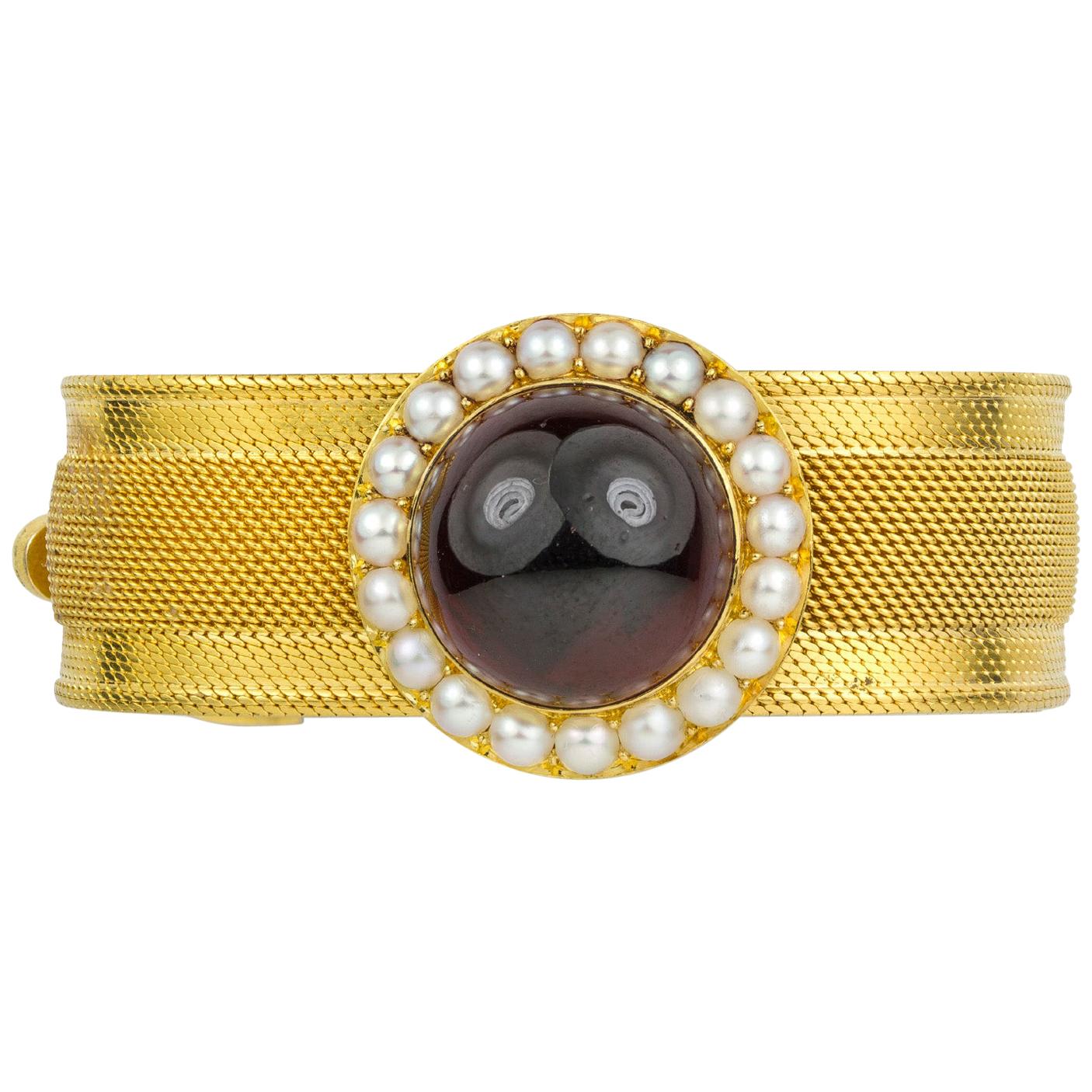 Victorian Garnet and Half Pearl Bracelet For Sale