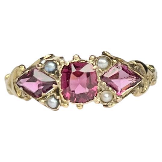 Victorian Garnet and Pearl 12 Carat Gold Ring