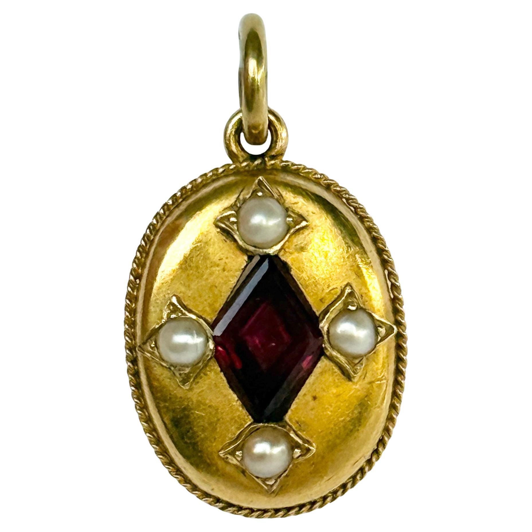 Viktorianischer Granat- und Perlen-Anhänger aus 18 Karat Gold im Angebot