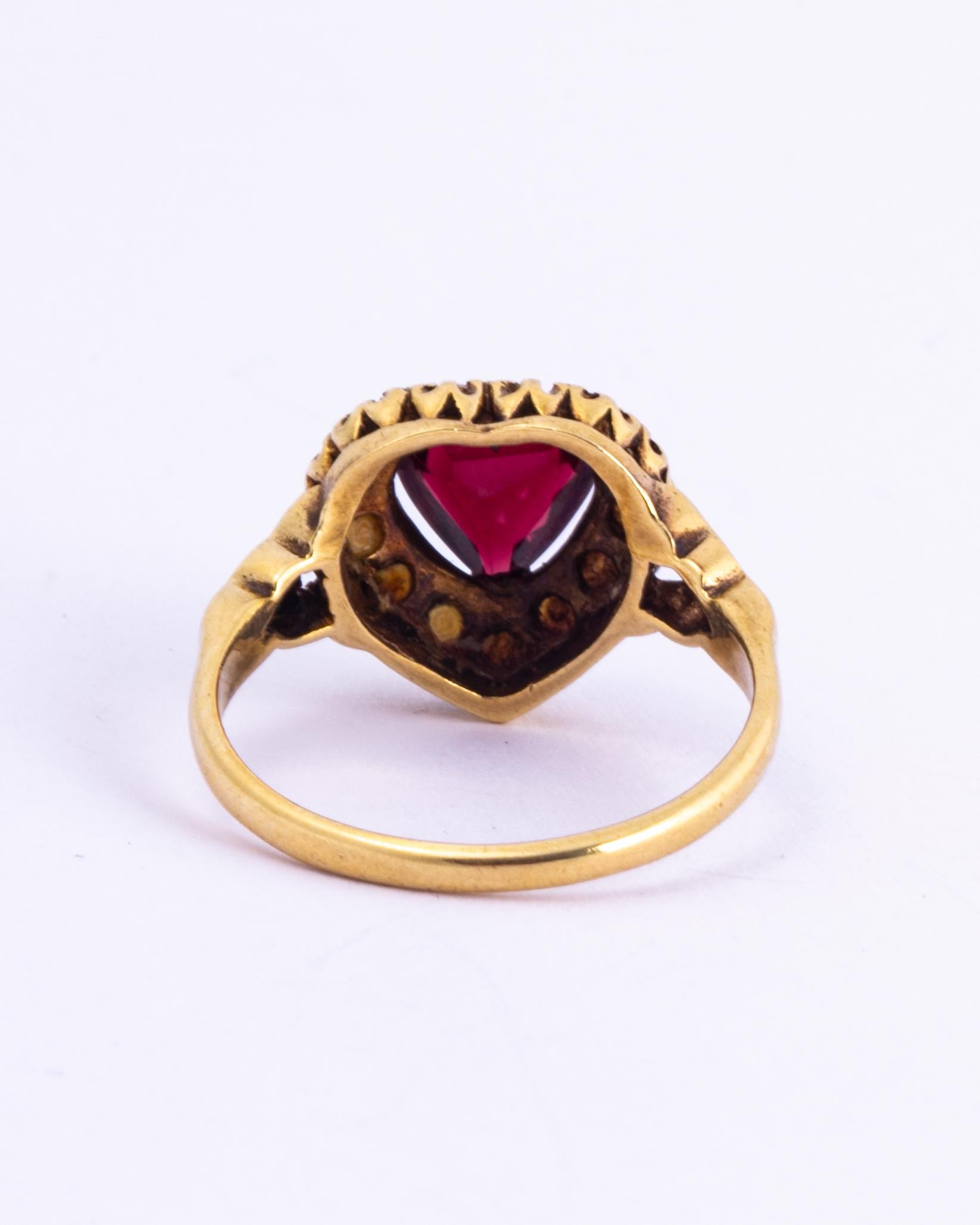 Heart Cut Victorian Garnet and Pearl 9 Carat Gold Heart Ring