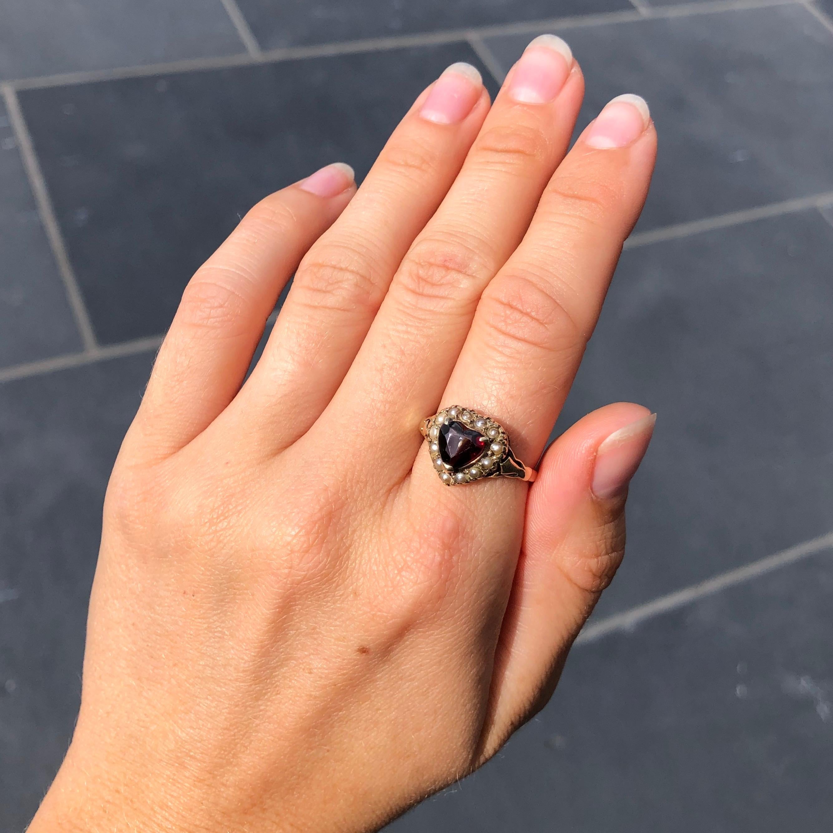 Women's Victorian Garnet and Pearl 9 Carat Gold Heart Ring