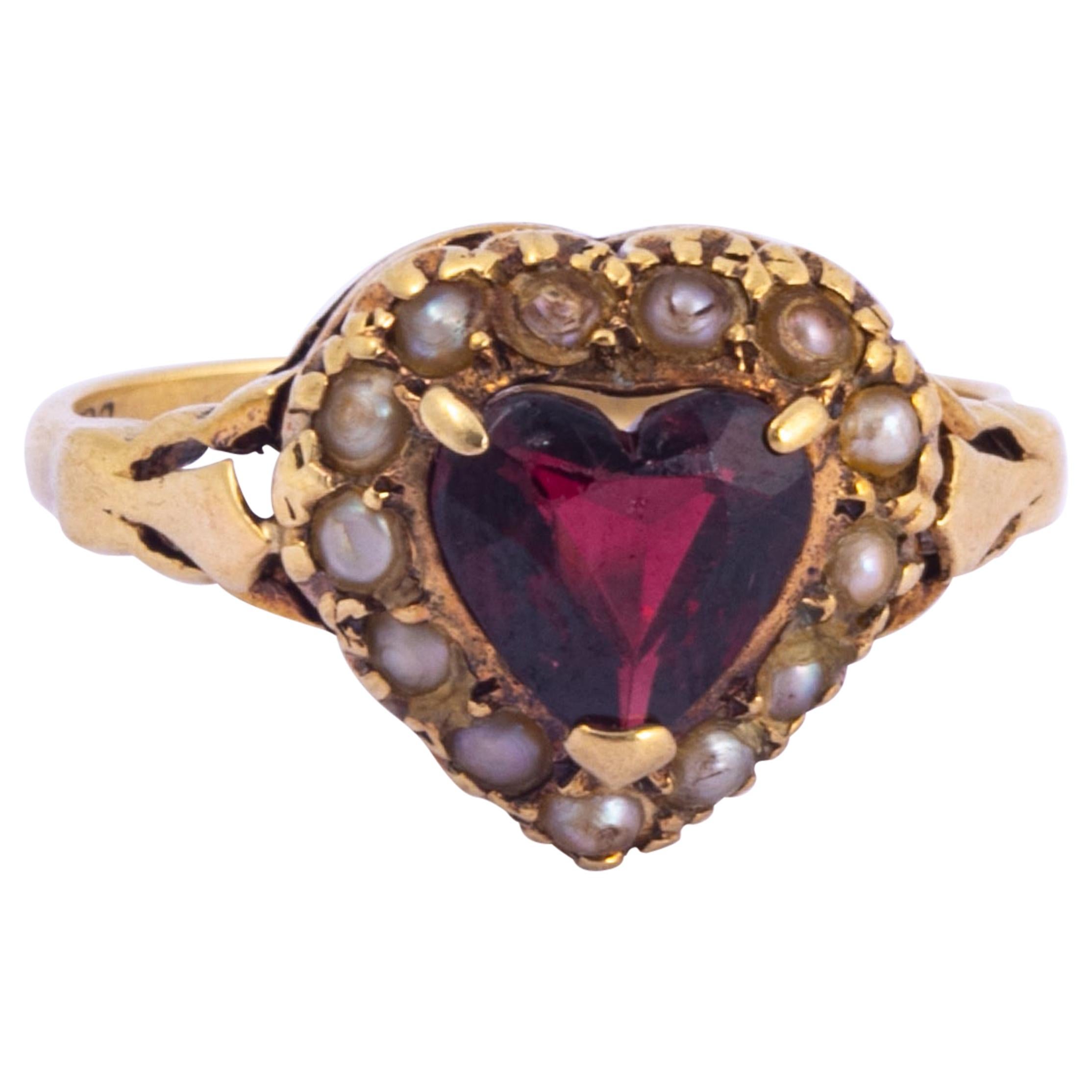 Victorian Garnet and Pearl 9 Carat Gold Heart Ring