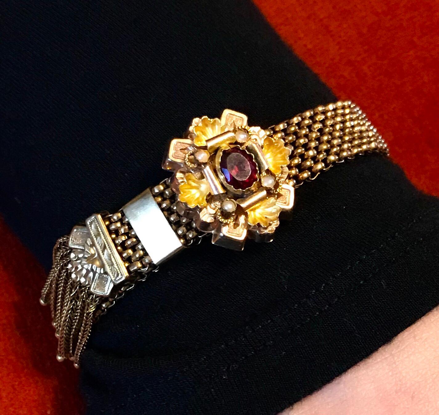 Victorian Garnet and Pearl Gold Filled Tassel Slide Bracelet In Good Condition For Sale In Long Beach, CA