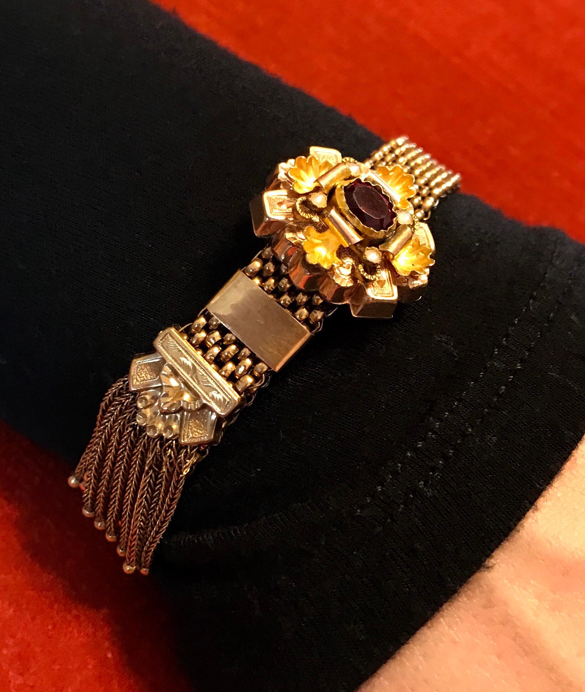 Women's Victorian Garnet and Pearl Gold Filled Tassel Slide Bracelet For Sale