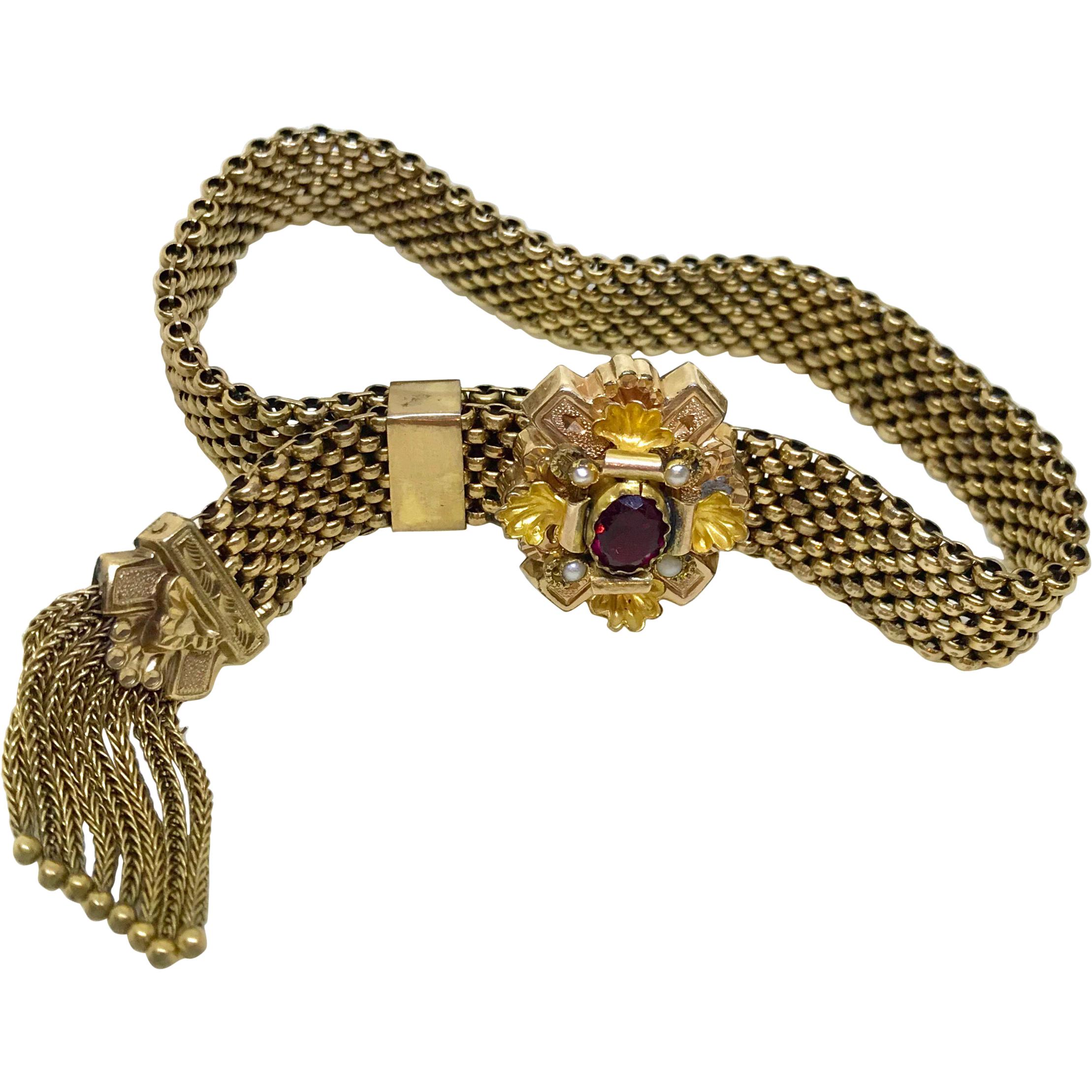 Victorian Garnet and Pearl Gold Filled Tassel Slide Bracelet For Sale