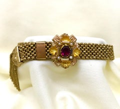Victorian Garnet and Pearl Gold Filled Tassel Slide Bracelet