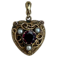 Victorian Garnet and Pearl Padlock / Locket Back Heart Pendant