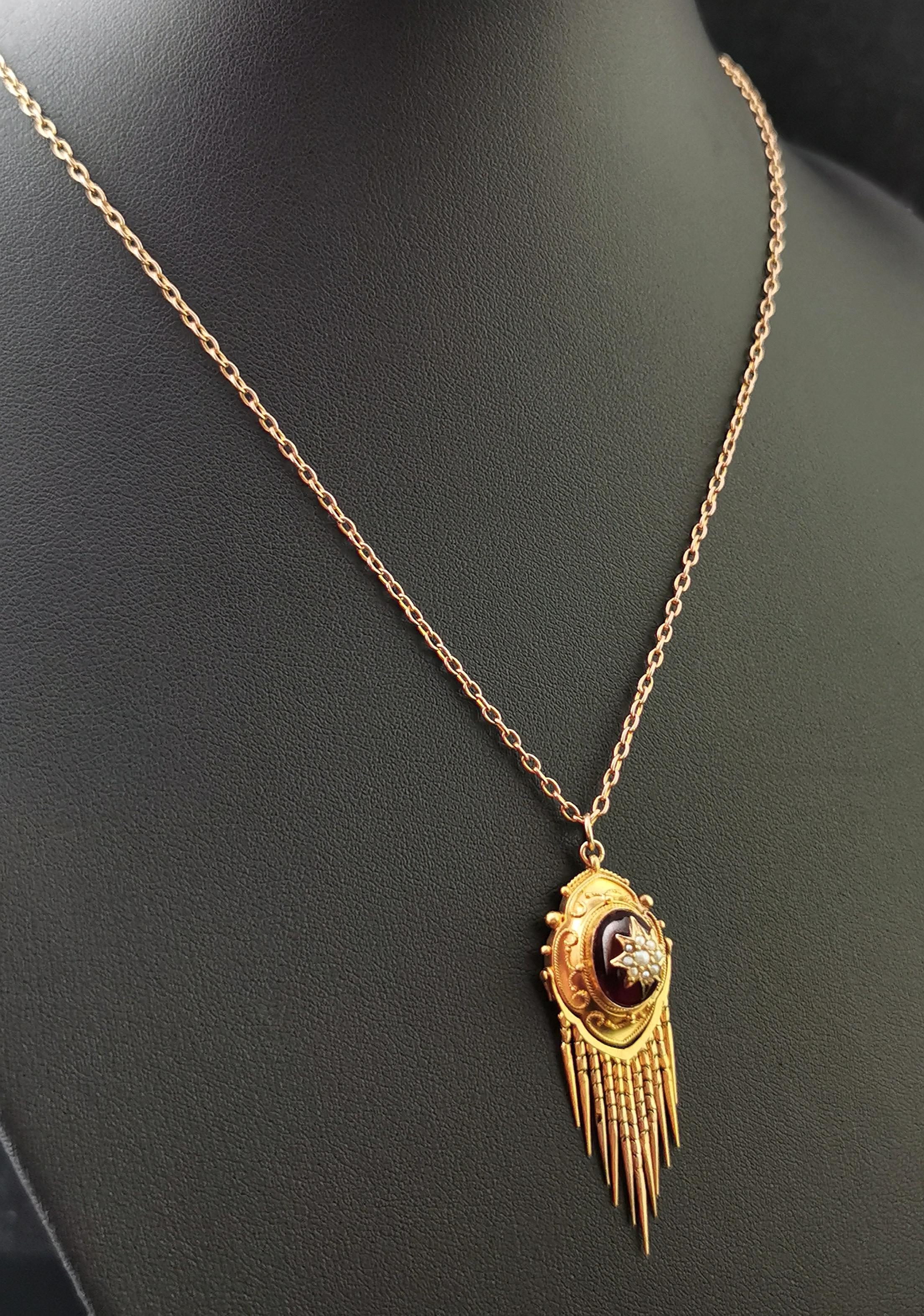 Victorian Garnet and Pearl Tassle Pendant, Necklace, 18 Karat Yellow Gold 5