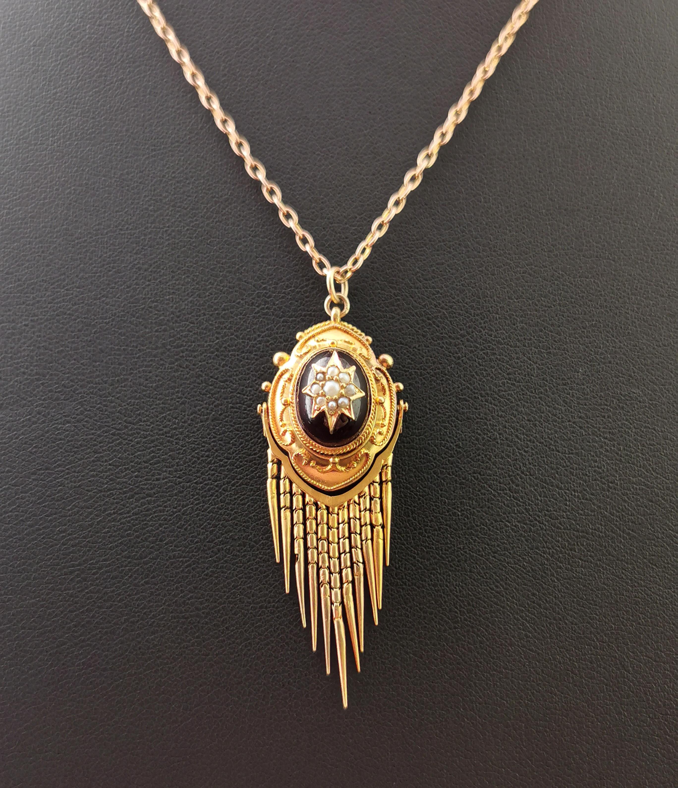 Victorian Garnet and Pearl Tassle Pendant, Necklace, 18 Karat Yellow Gold 8