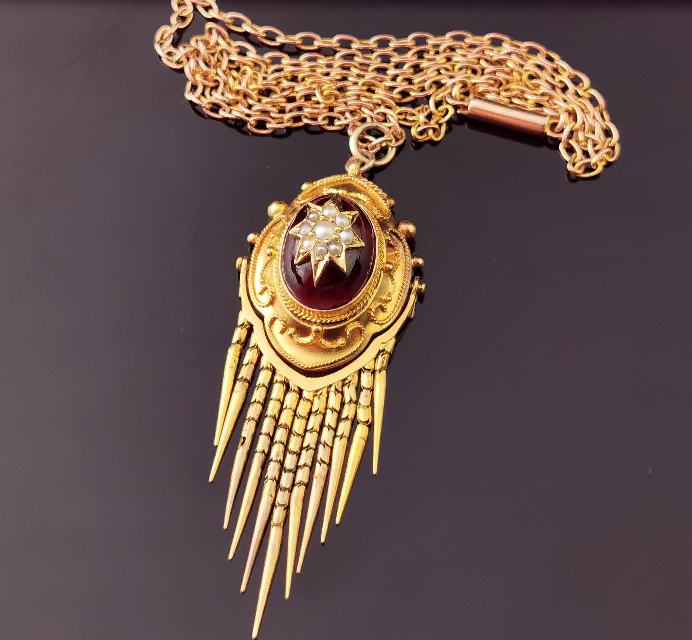 Victorian Garnet and Pearl Tassle Pendant, Necklace, 18 Karat Yellow Gold 10