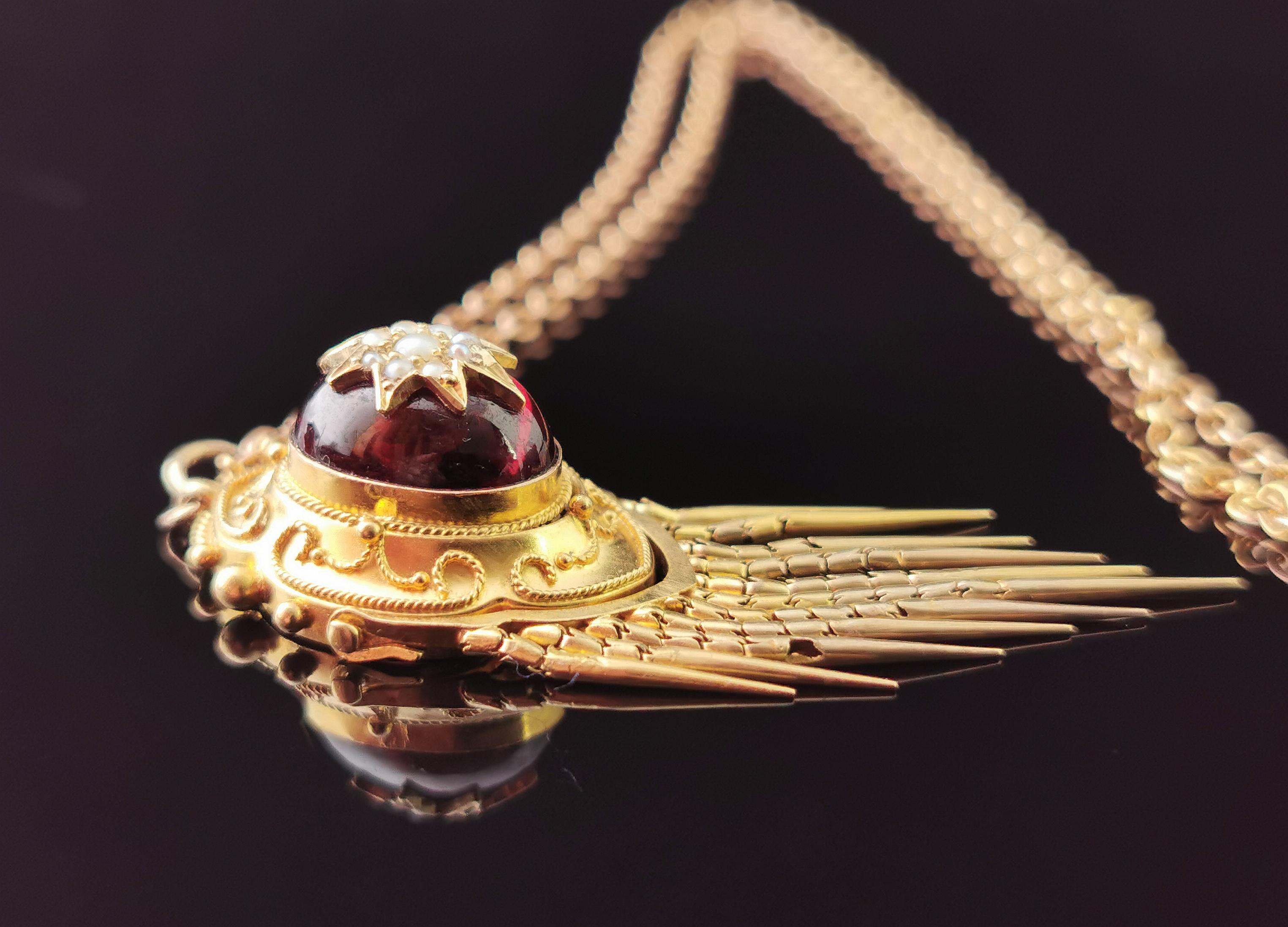 Victorian Garnet and Pearl Tassle Pendant, Necklace, 18 Karat Yellow Gold 11