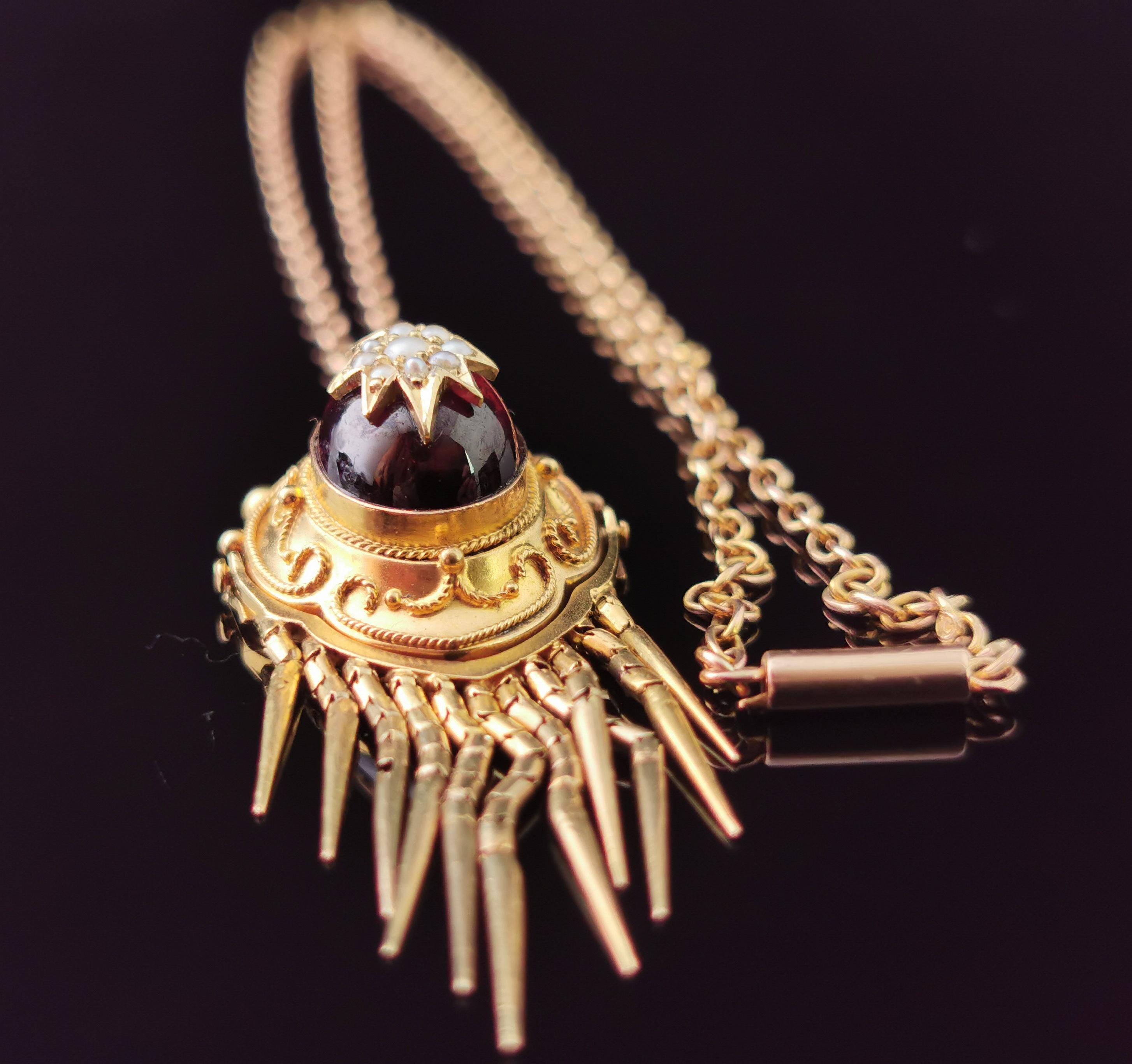 Victorian Garnet and Pearl Tassle Pendant, Necklace, 18 Karat Yellow Gold 12