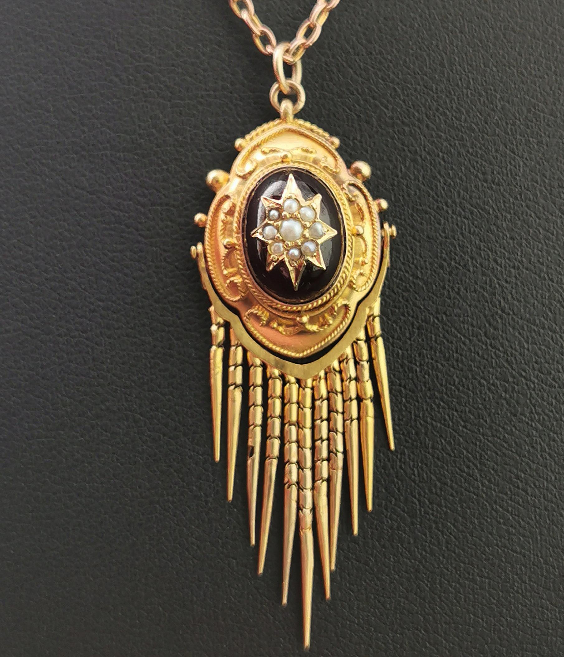 Women's Victorian Garnet and Pearl Tassle Pendant, Necklace, 18 Karat Yellow Gold